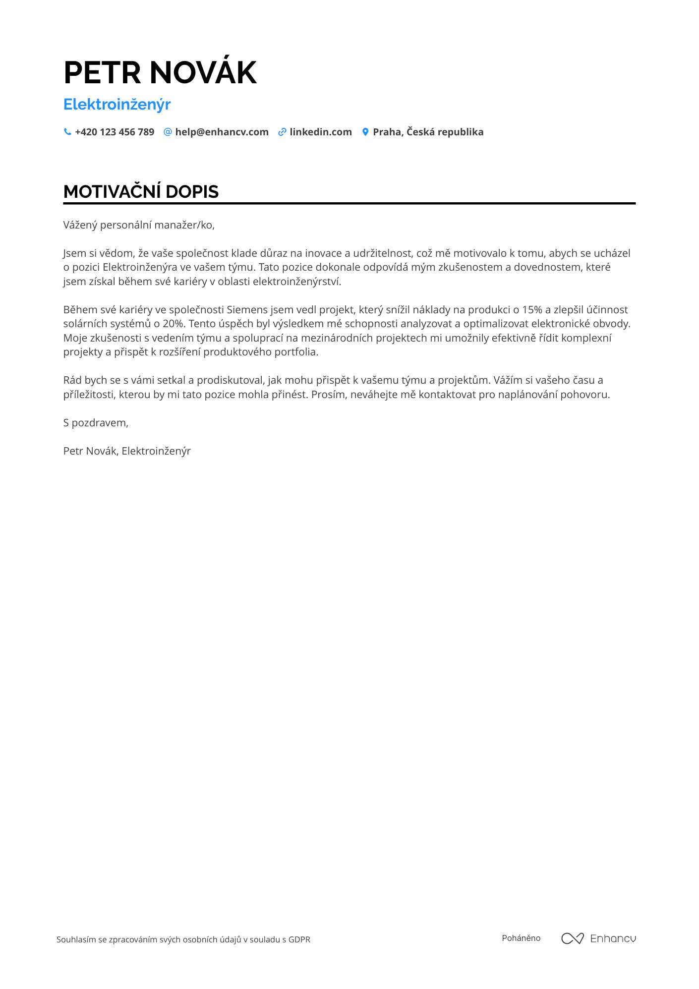 Motivační dopis pro Elektroinženýr Resume Example