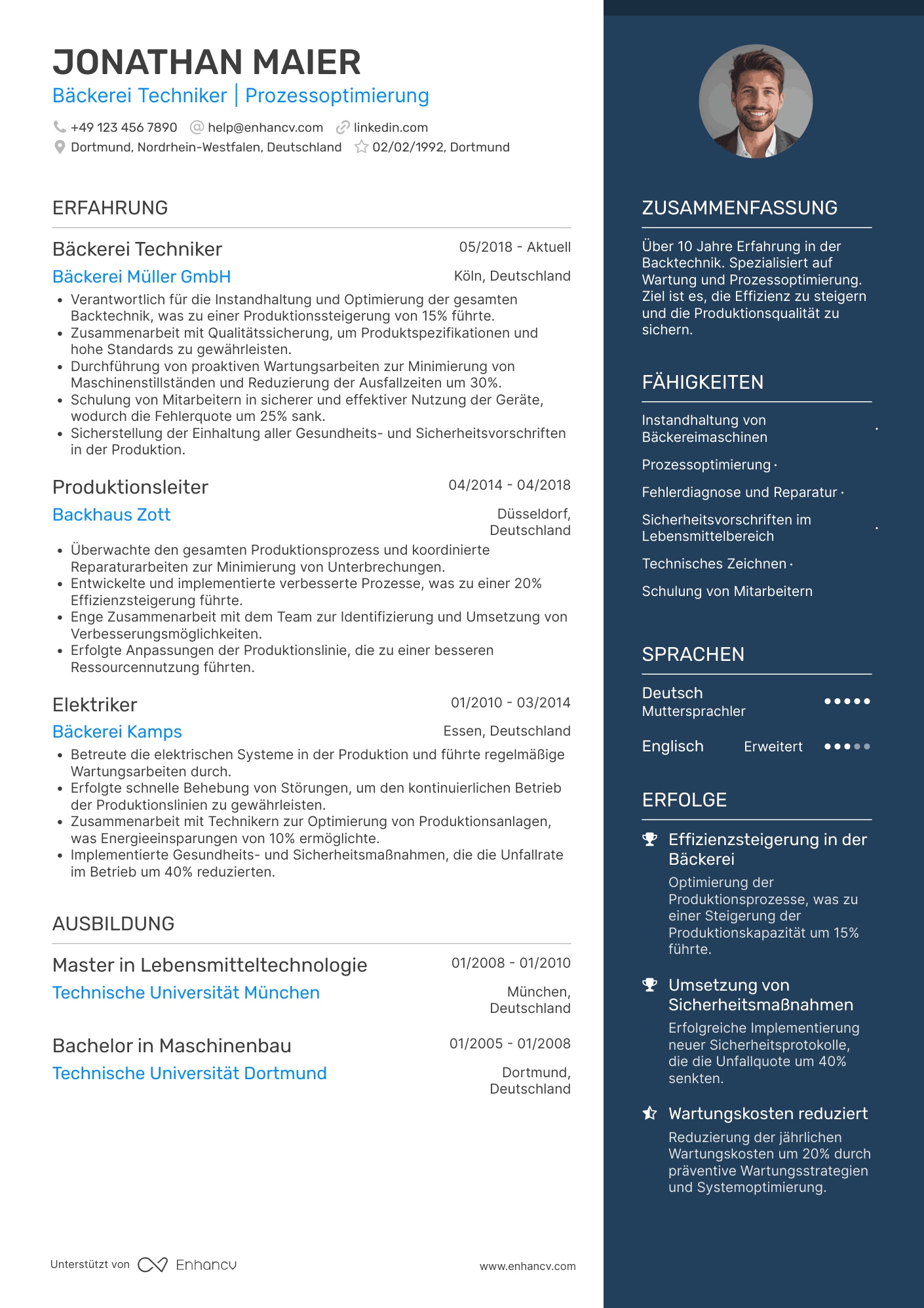 Lebenslauf als Bäckerei Techniker Resume Example