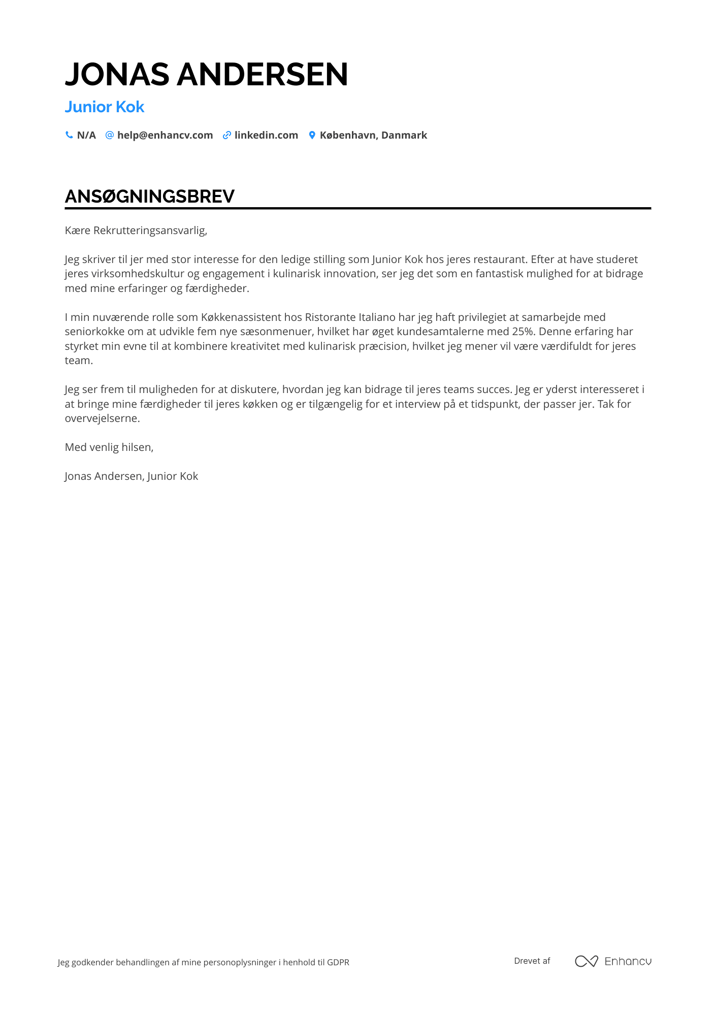 Ansøgningsbrev til Junior kok Resume Example