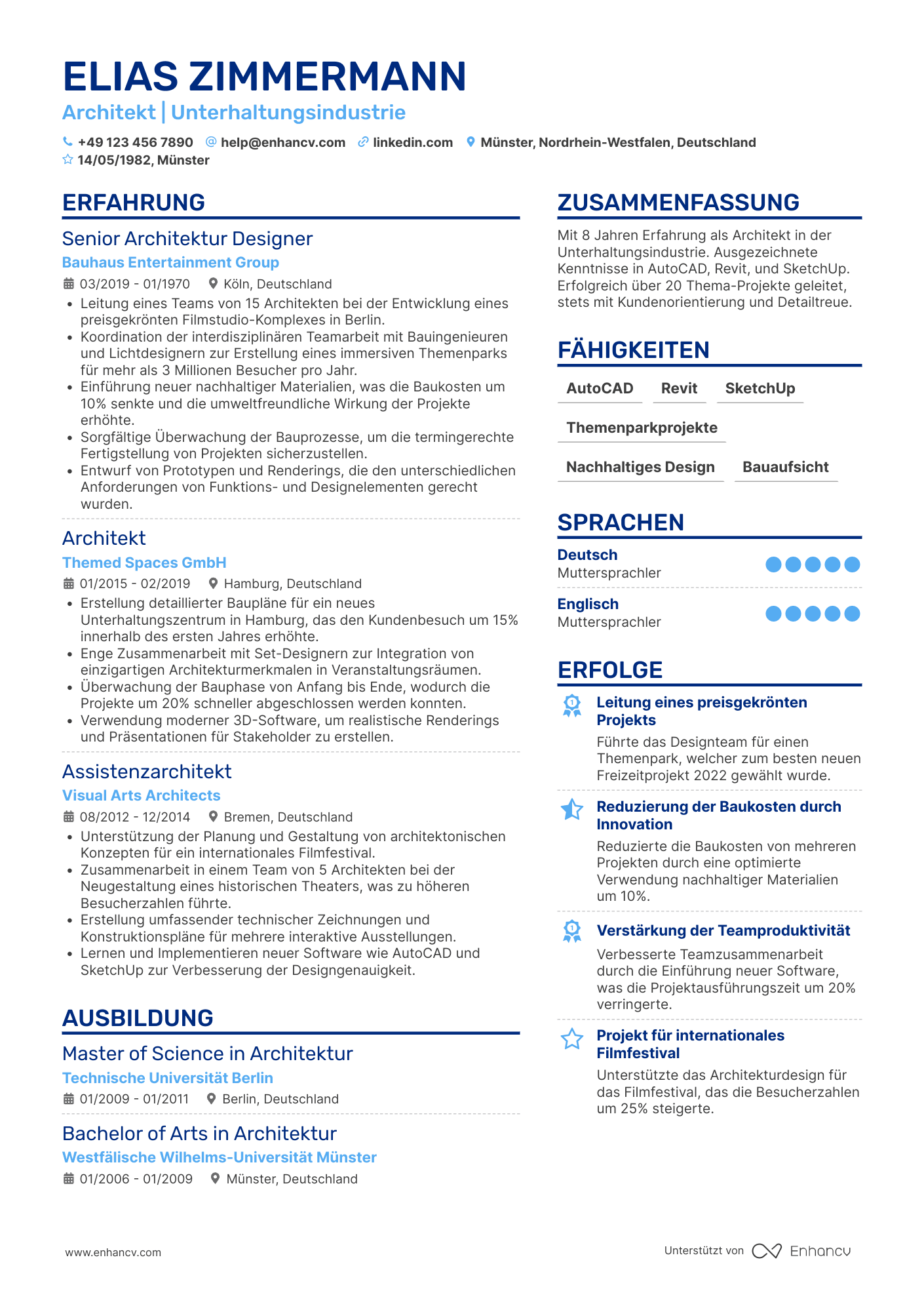 Lebenslauf in Architekt für Unterhaltungsindustrie Resume Example