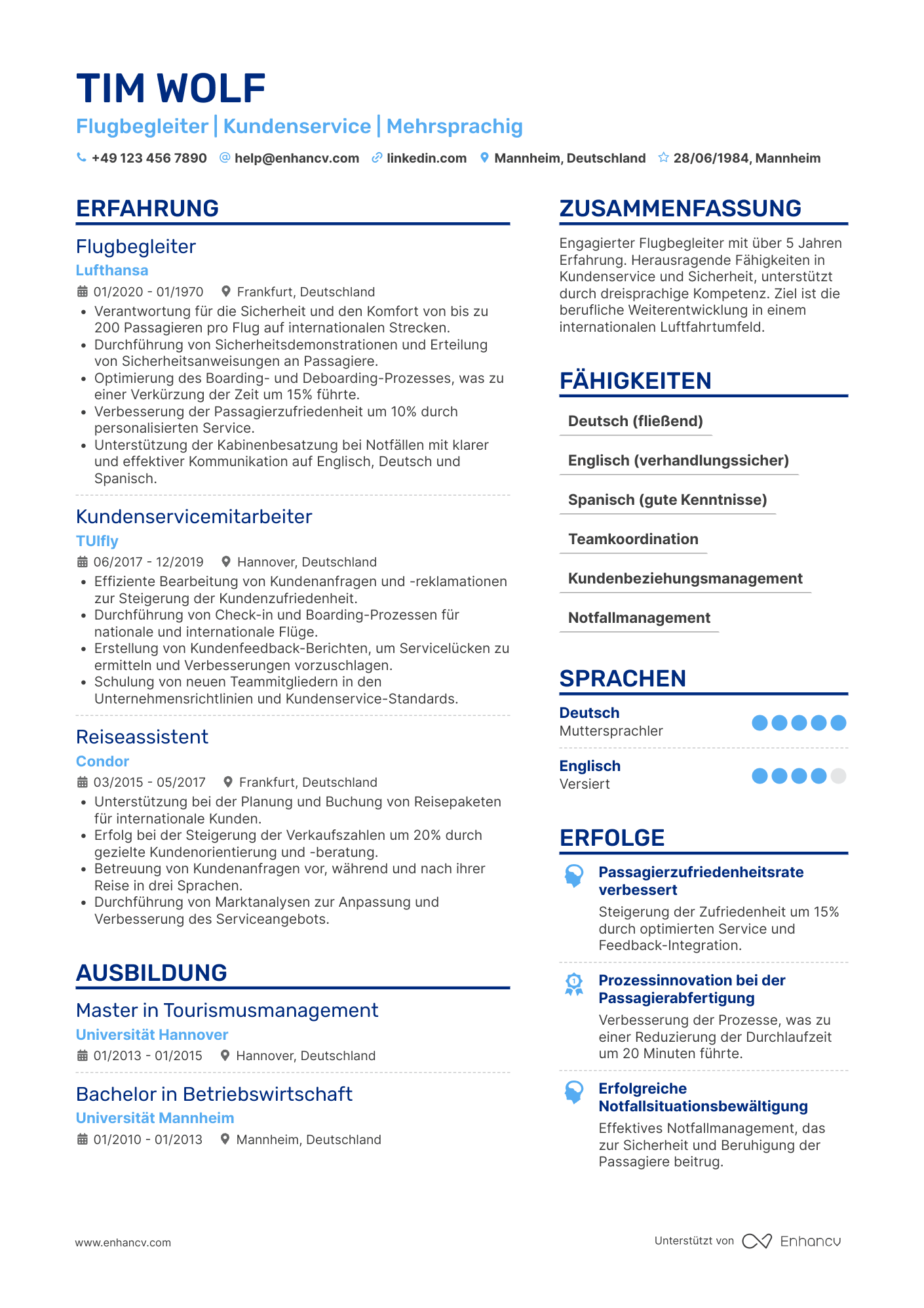 Lebenslauf als Flugbegleiter mit Sprachkenntnissen Resume Example