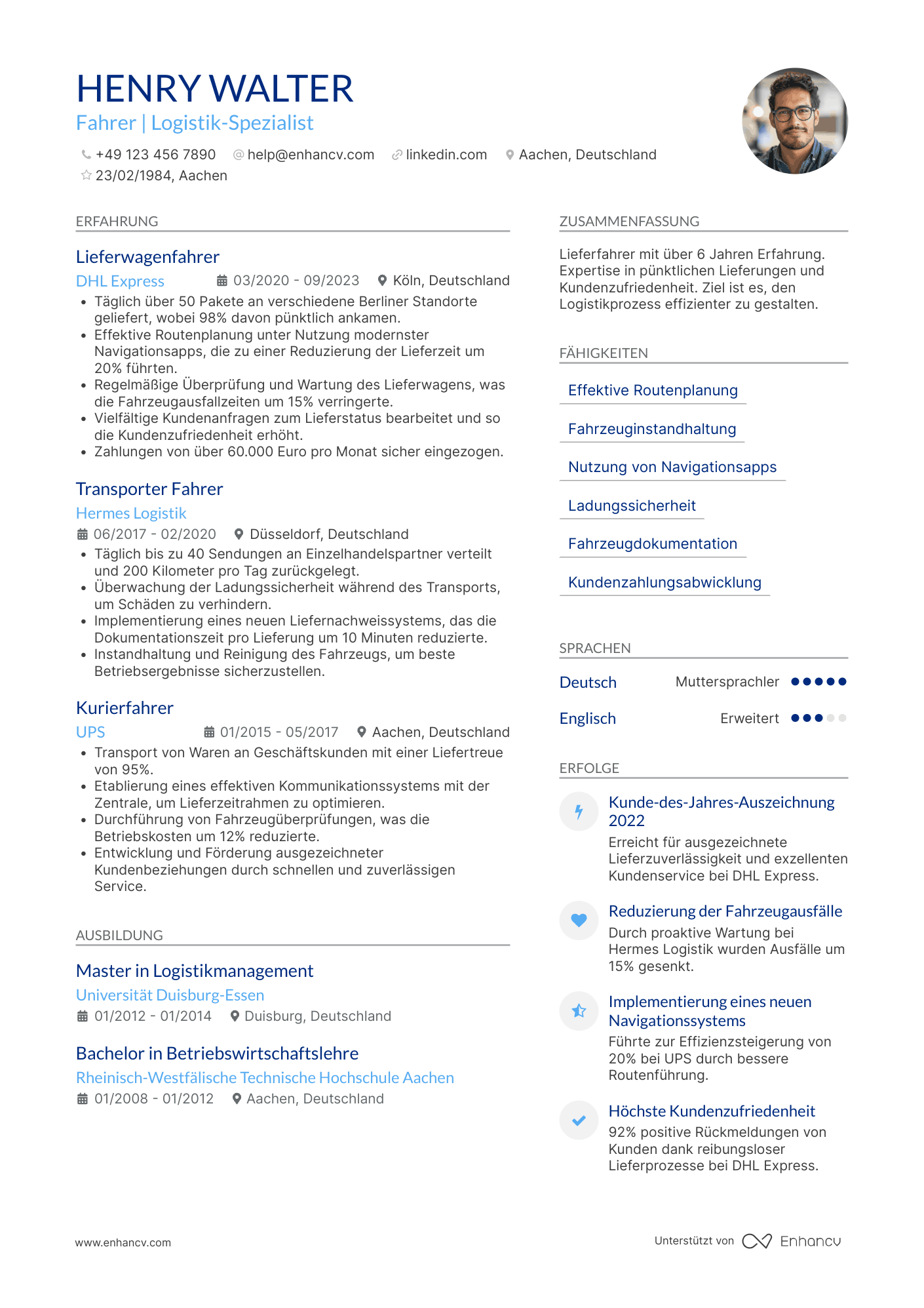 Lebenslauf als Lieferwagenfahrer Resume Example