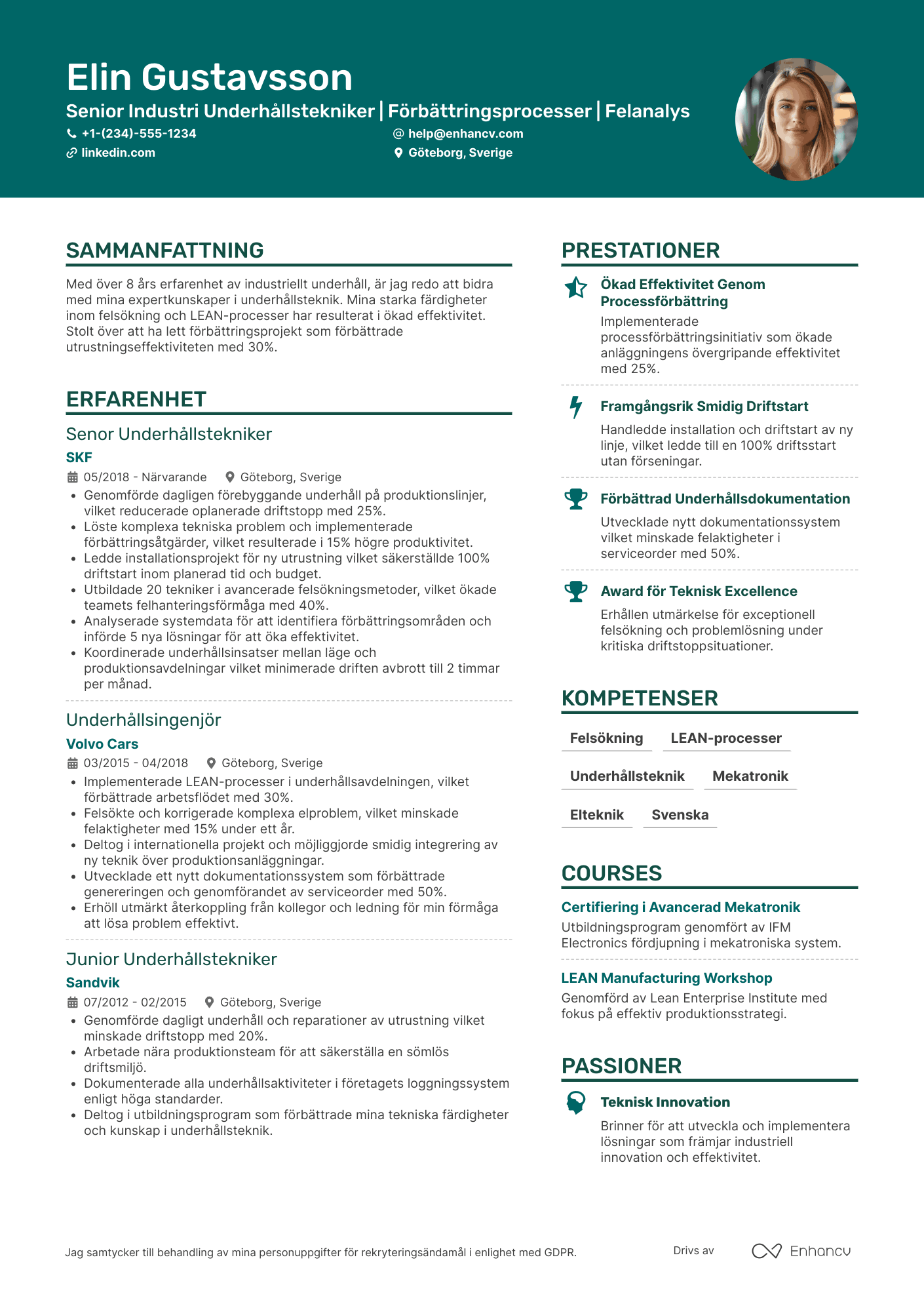CV för Senior Industri Underhållstekniker Resume Example