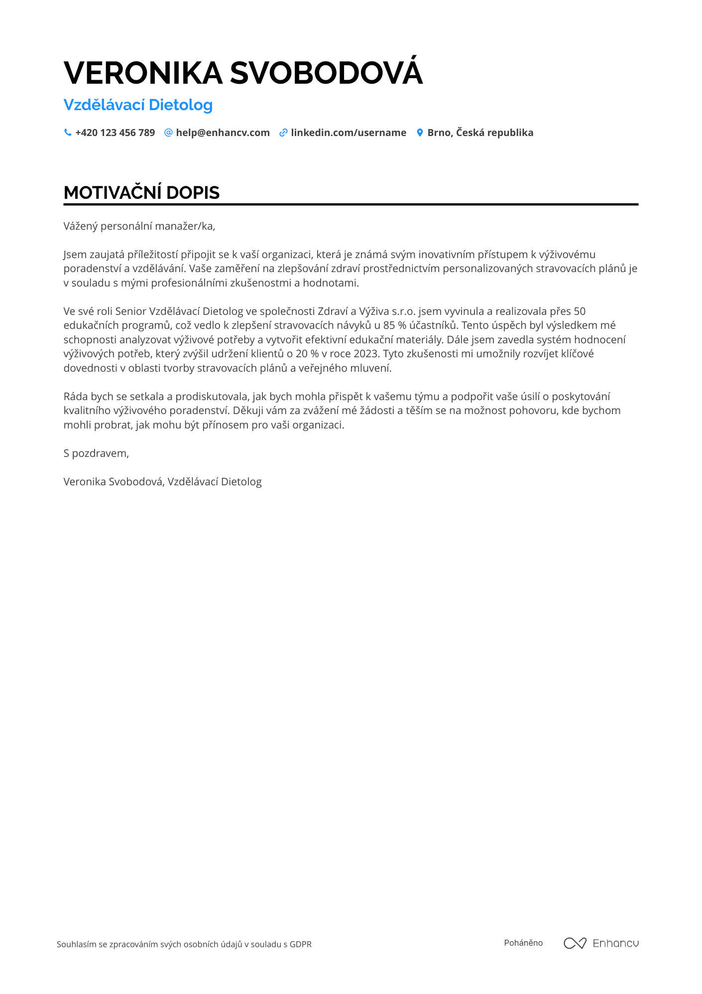 Motivační dopis pro Образовательный диетолог Resume Example
