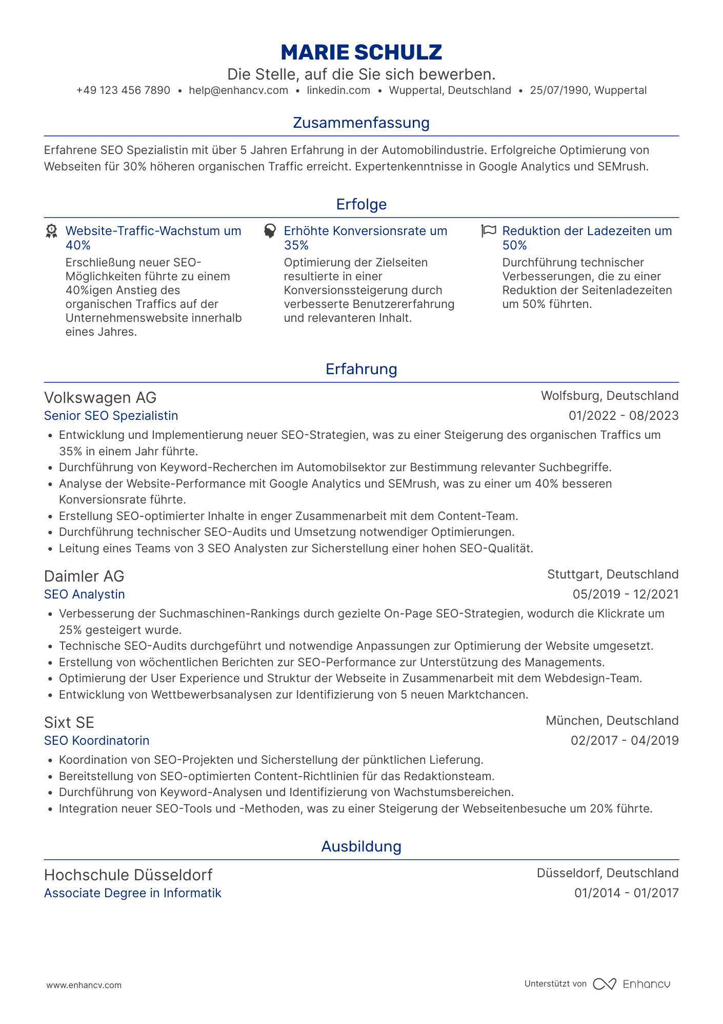 Lebenslauf in SEO Spezialist für die Automobilindustrie Resume Example