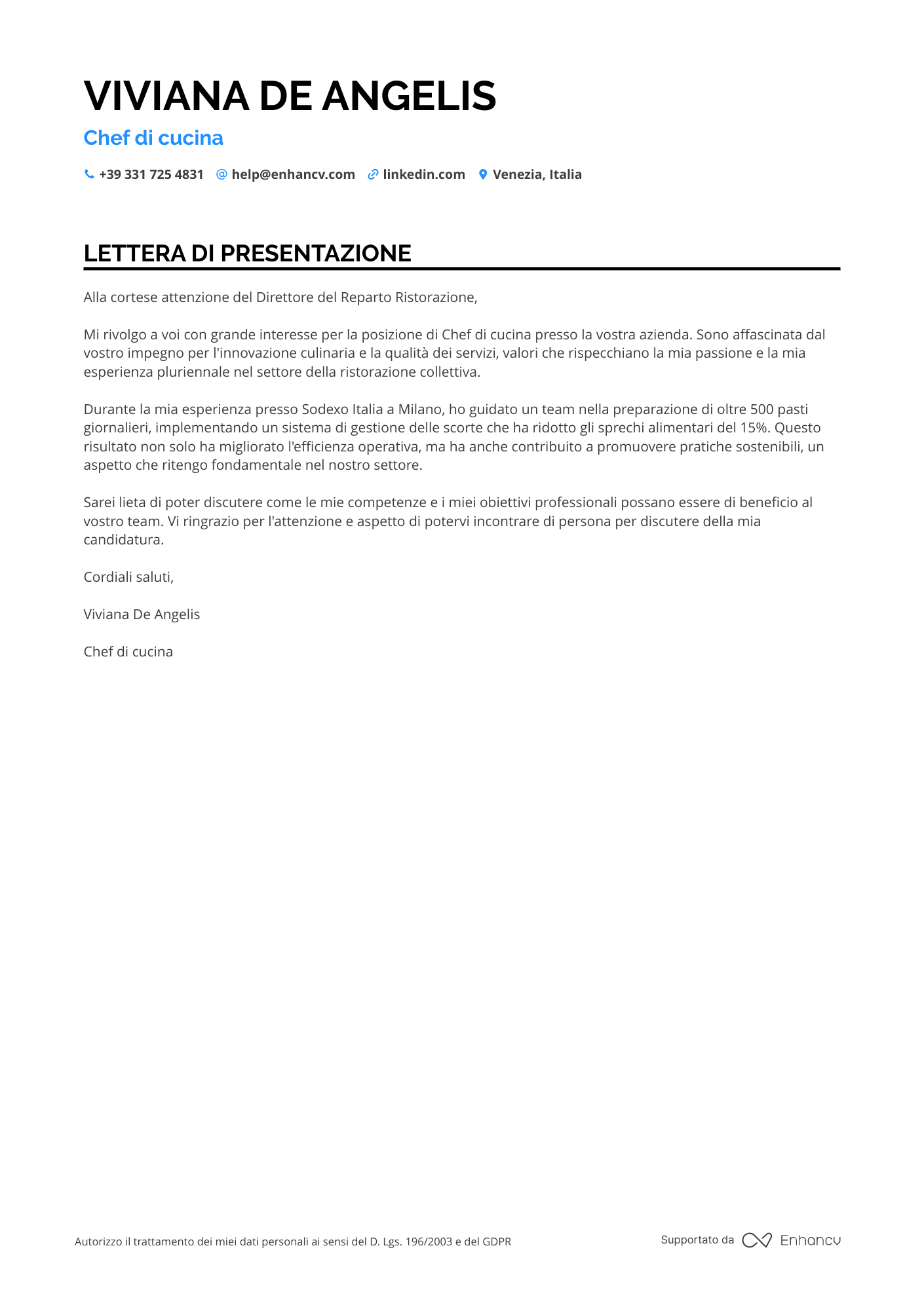 Esecutivo di Ristorazione Resume Example
