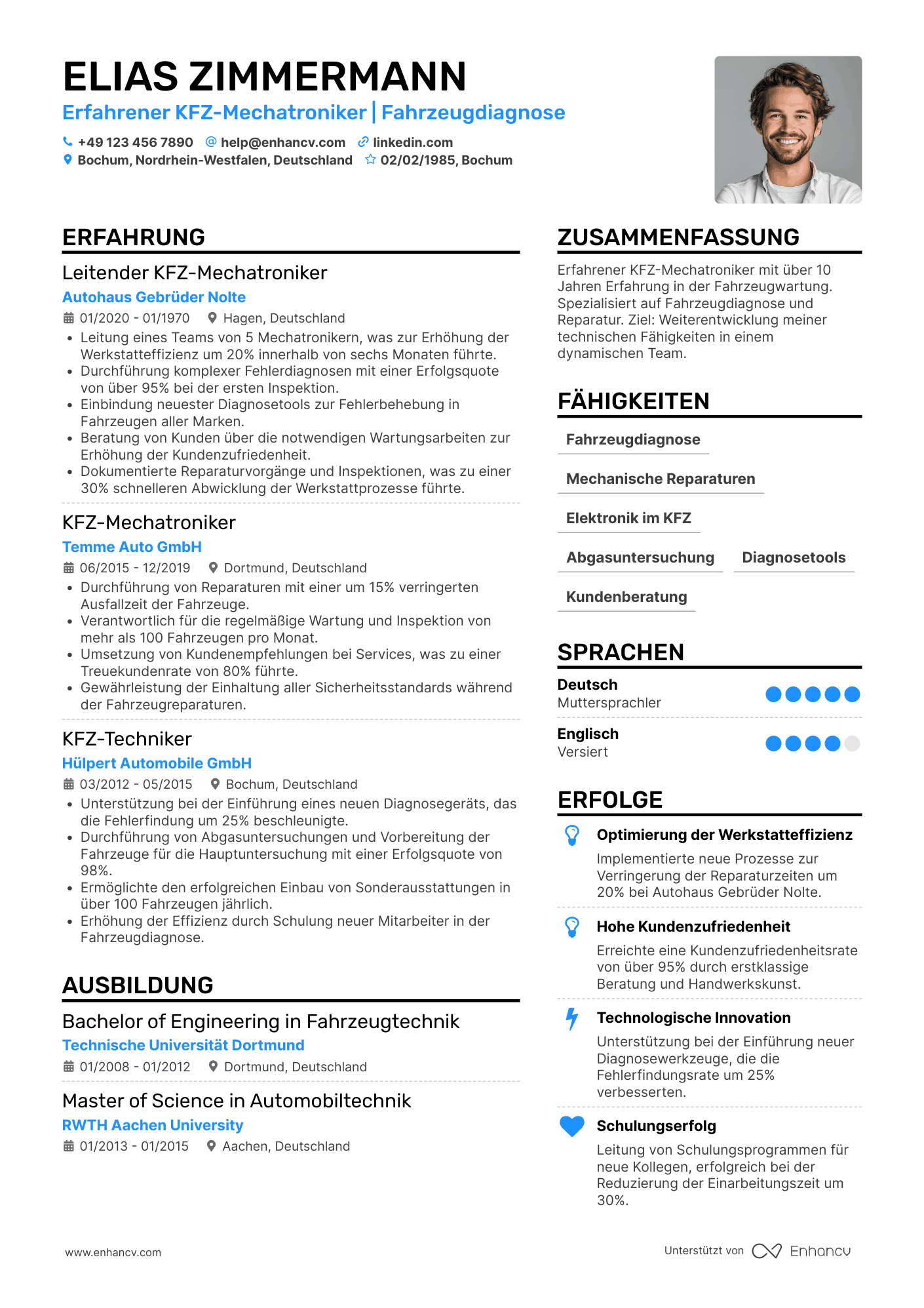 Lebenslauf als Erfahrener KFZ Mechatroniker Resume Example