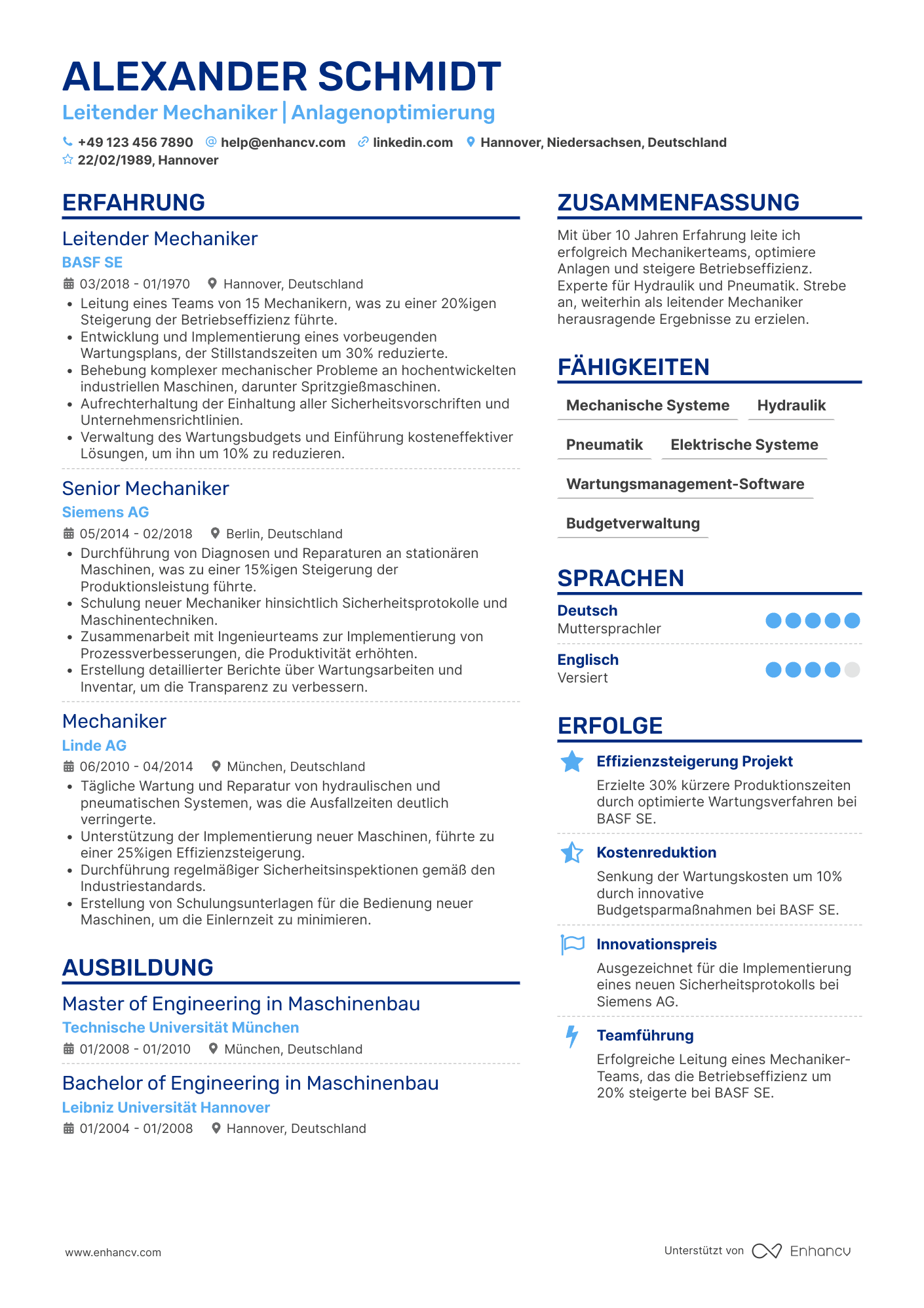 Lebenslauf als Leitender Mechaniker Resume Example