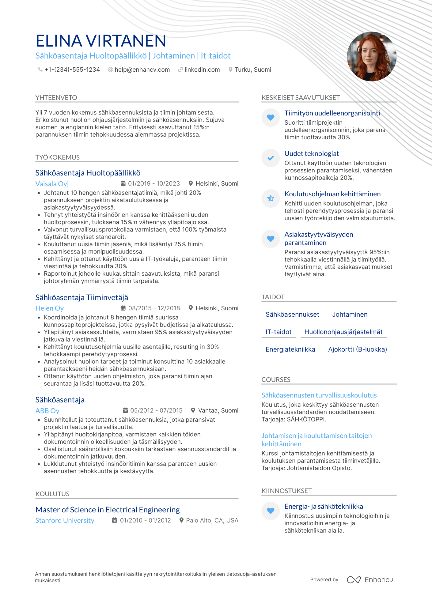 Ansioluettelo Sähköasentaja huoltopäällikkö Resume Example