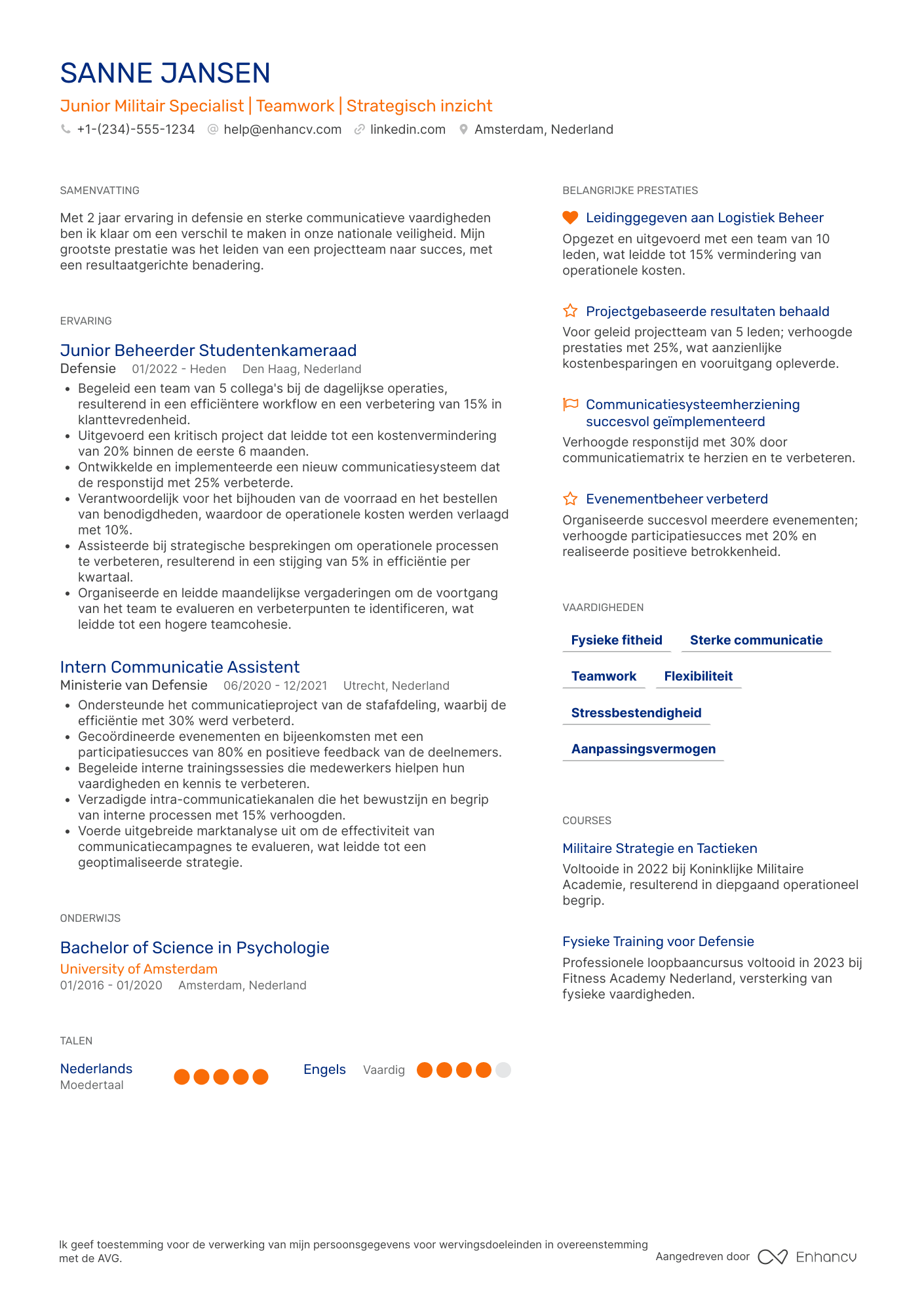 CV voor Junior Militair Specialist   Training Resume Example