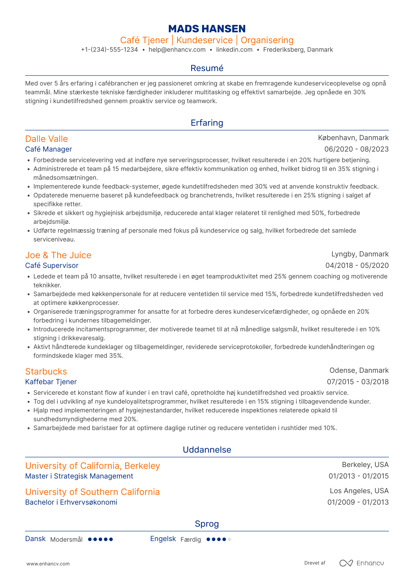 CV til Café Tjener Resume Example
