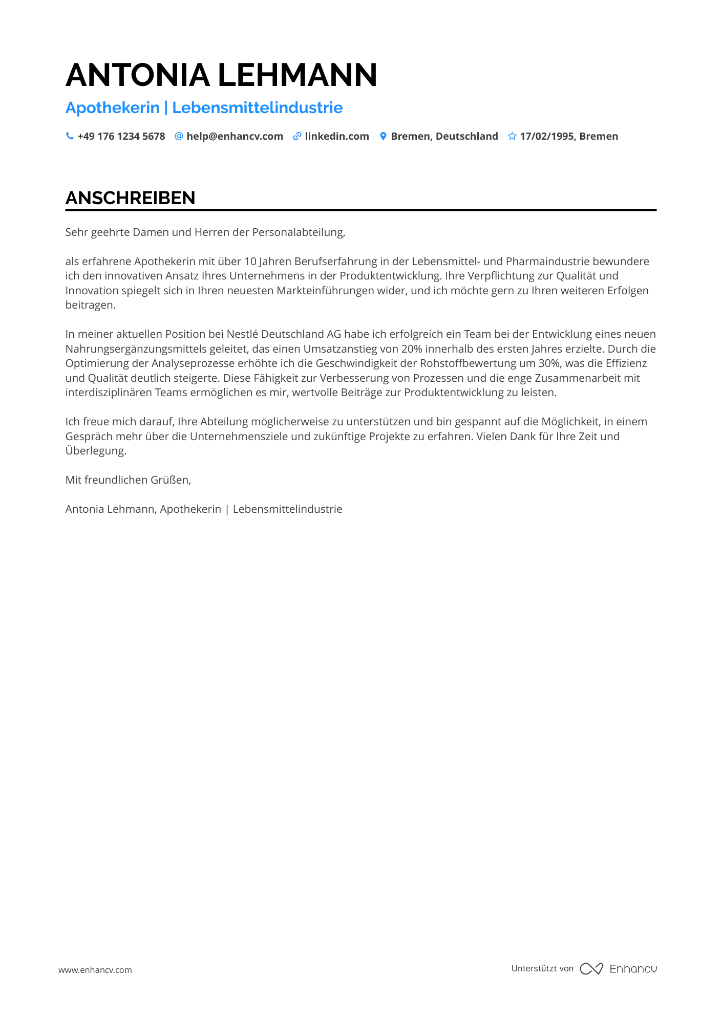Apotheker in der Lebensmittelindustrie Resume Example