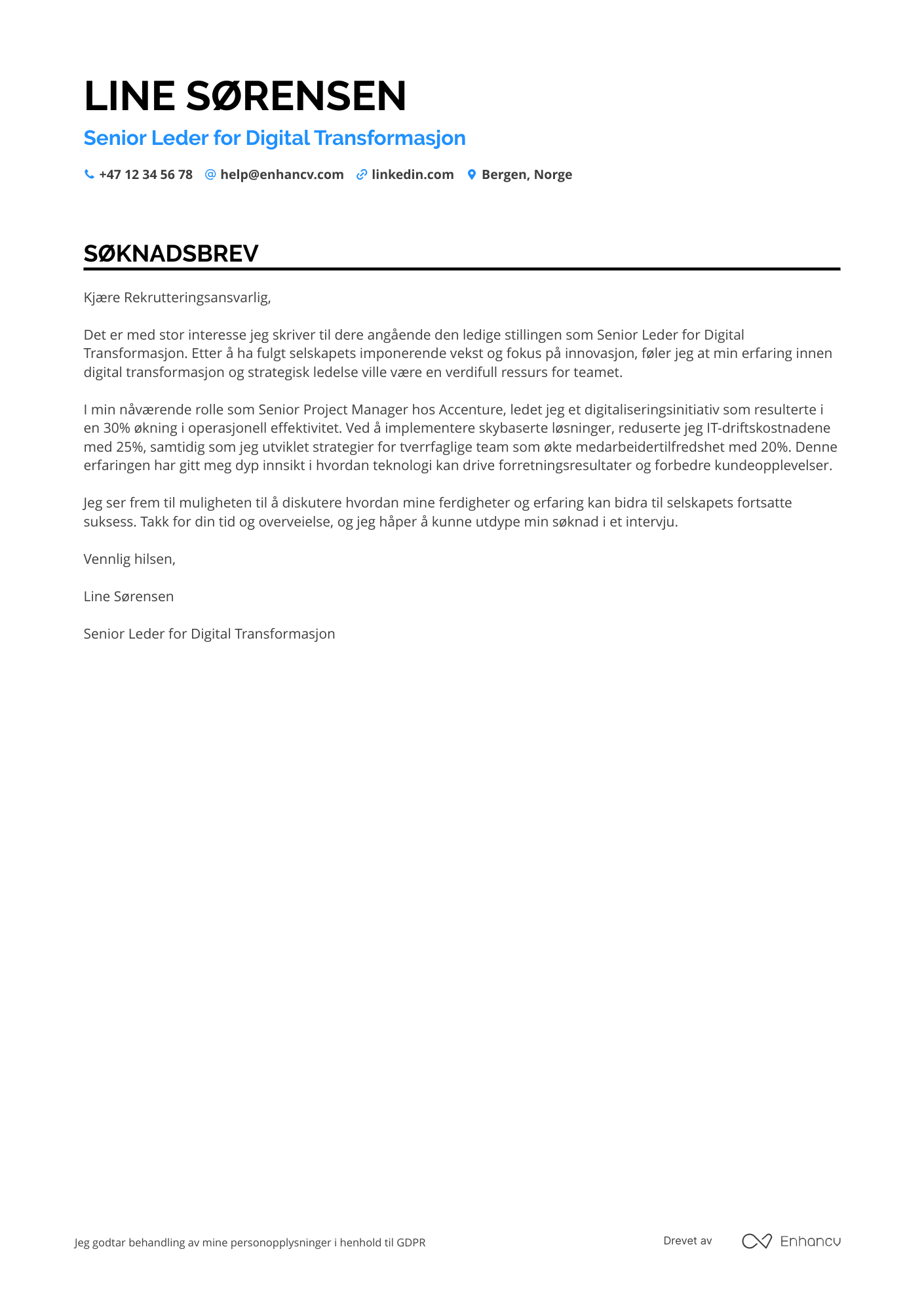 Søknadsbrev for Senior leder for digital transformasjon Resume Example