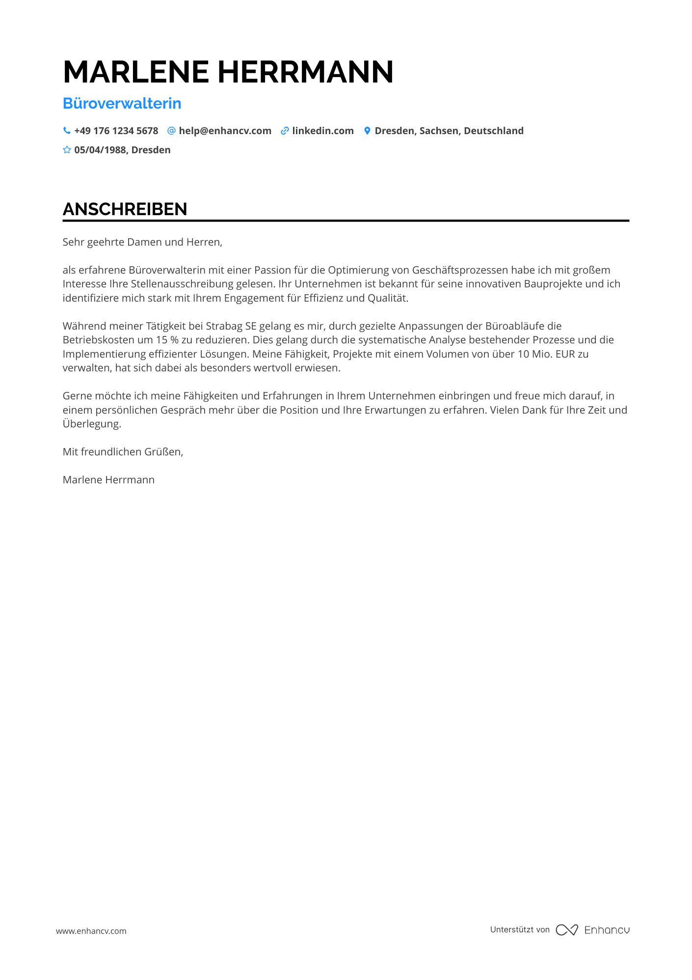 Büroverwalter für Bauindustrie Resume Example