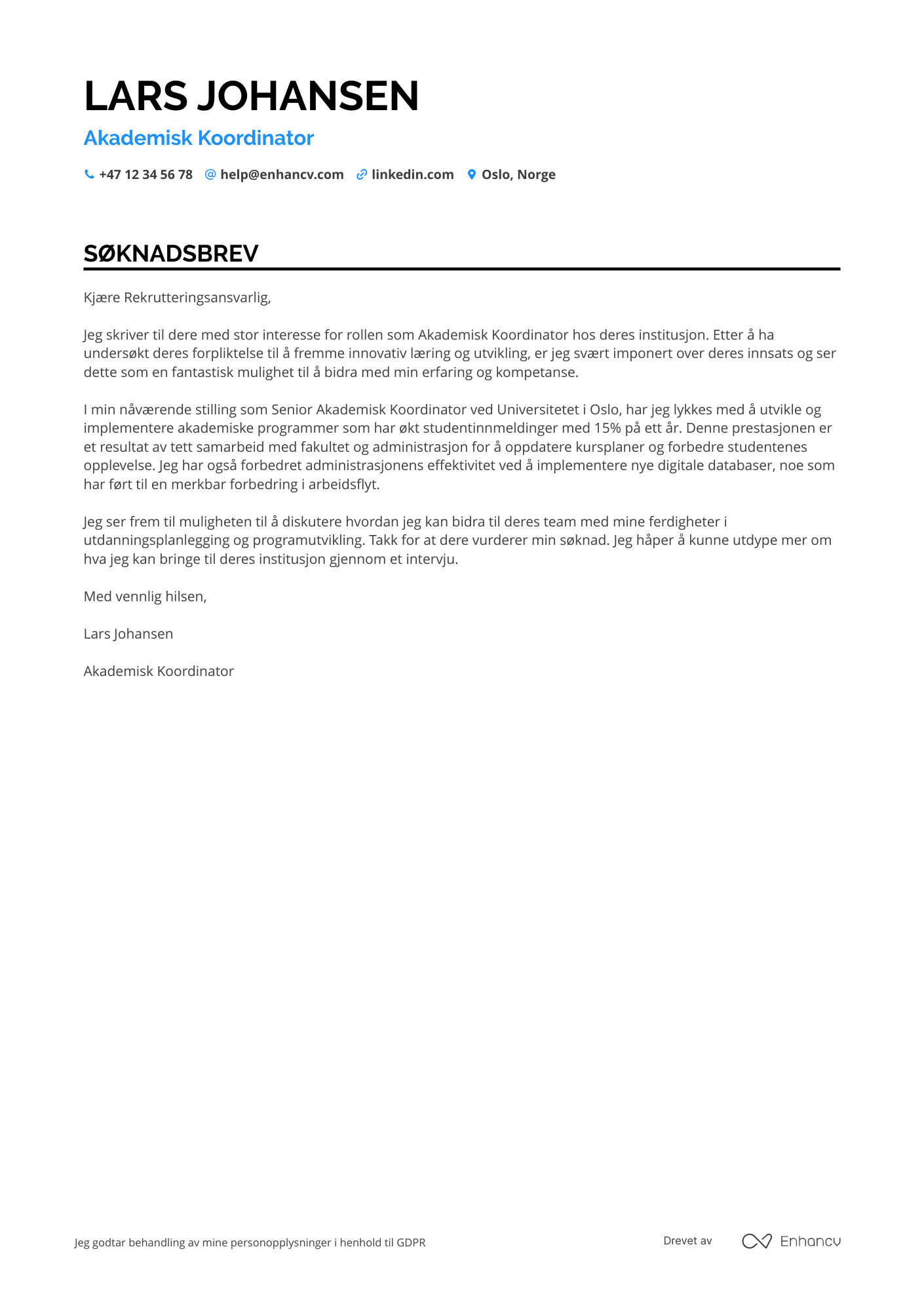 Søknadsbrev for Akademisk Koordinator Resume Example