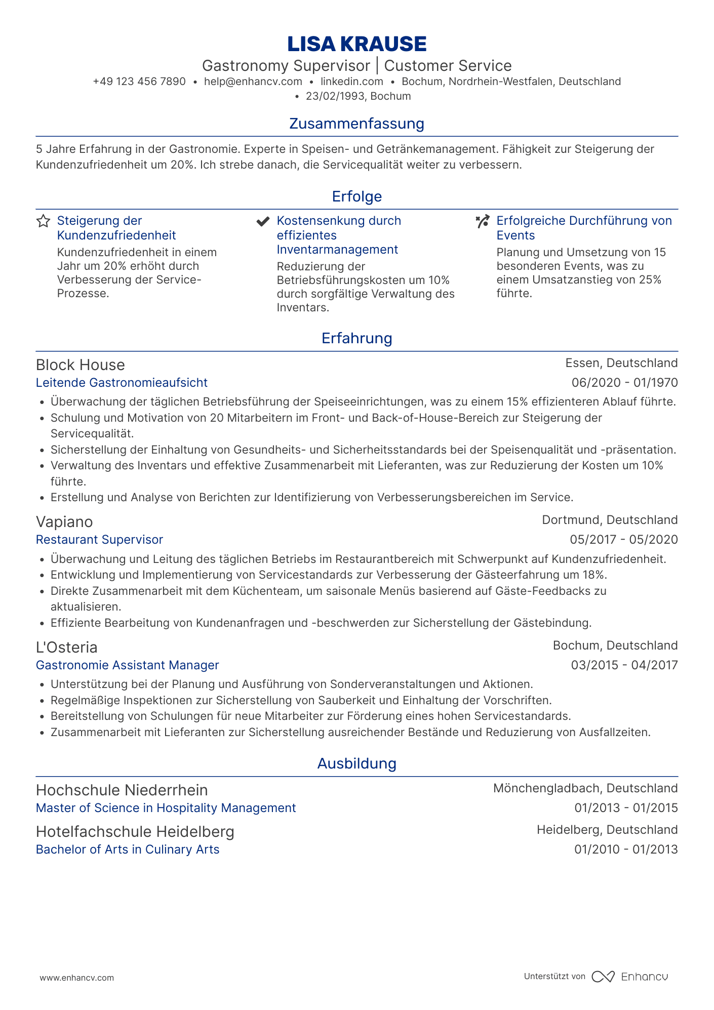 Lebenslauf als Gastronomie Supervisor Resume Example