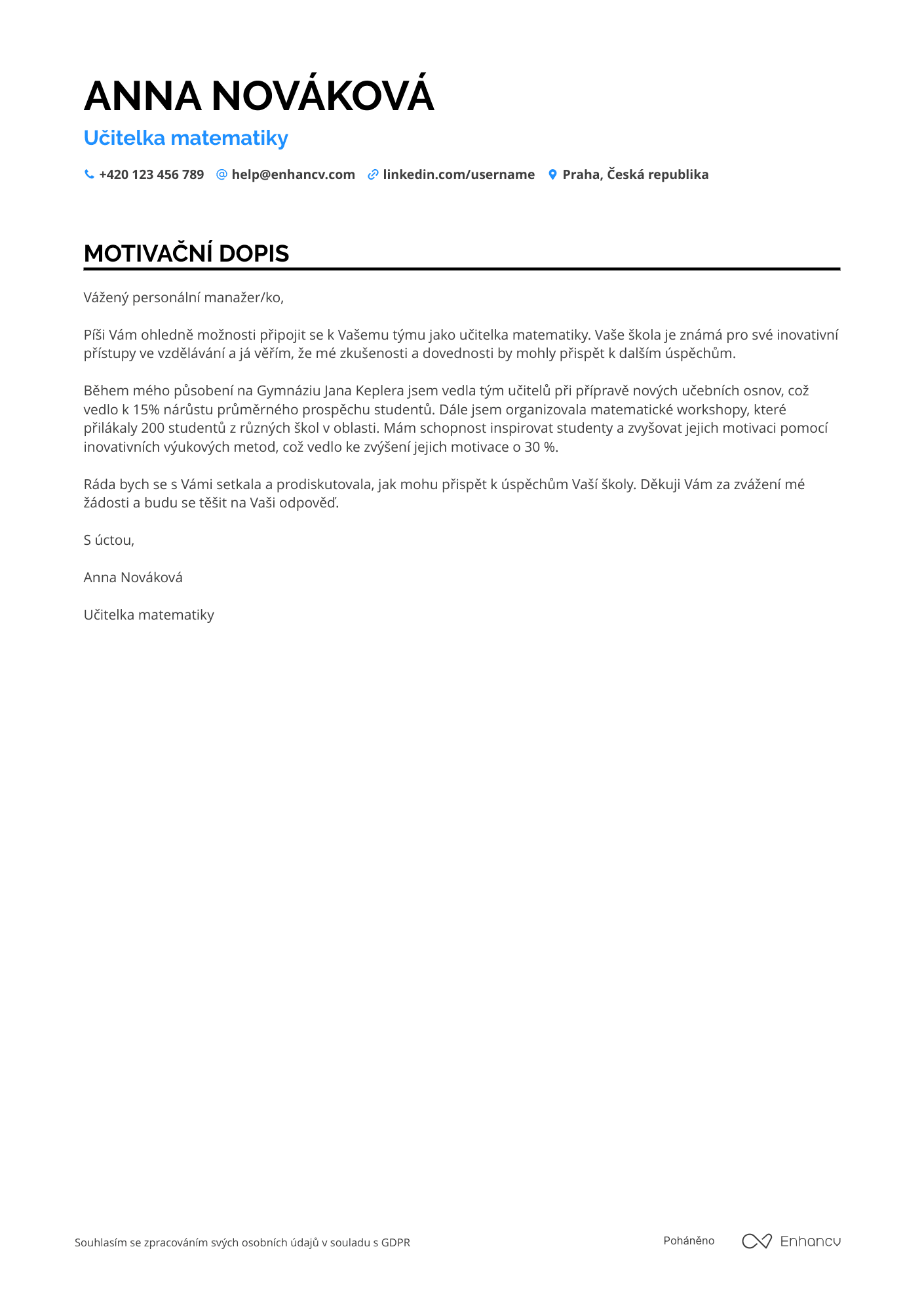 Motivační dopis pro Učitel matematiky Resume Example