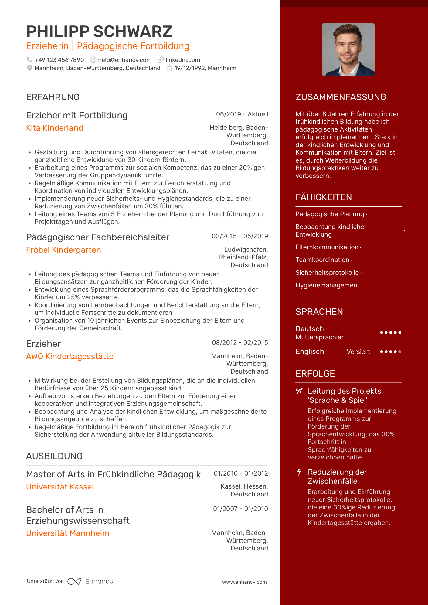 Lebenslauf als Erzieherin mit Fortbildung Resume Example