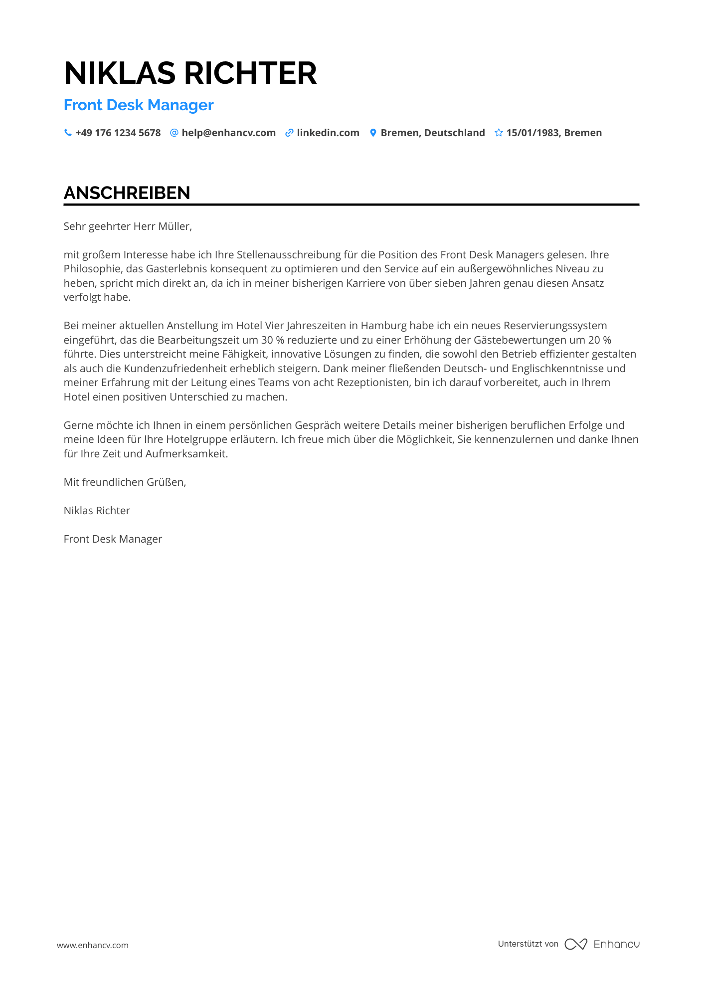 Rezeptionistin für Gästeservice Resume Example