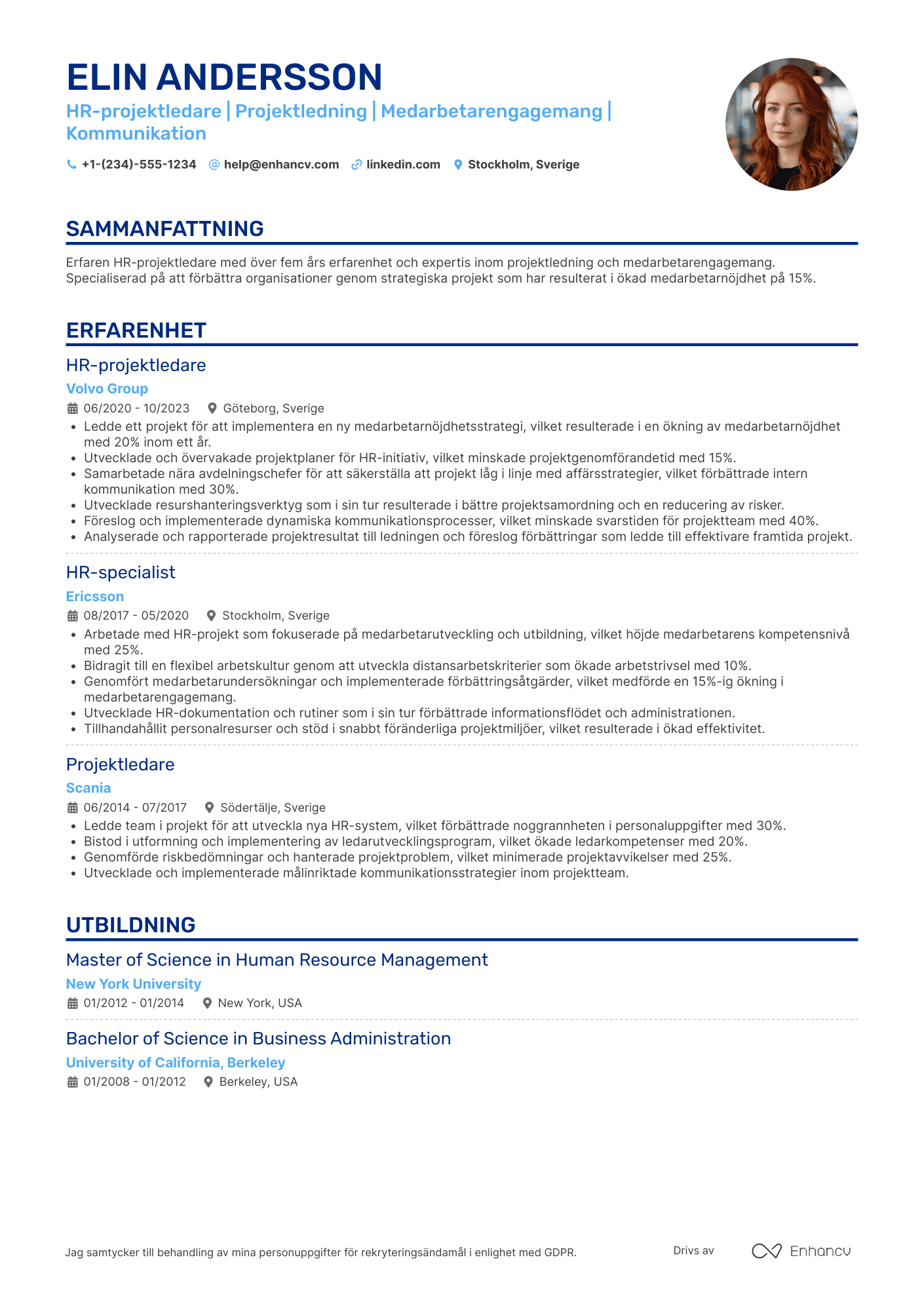 CV för HR projektledare Resume Example