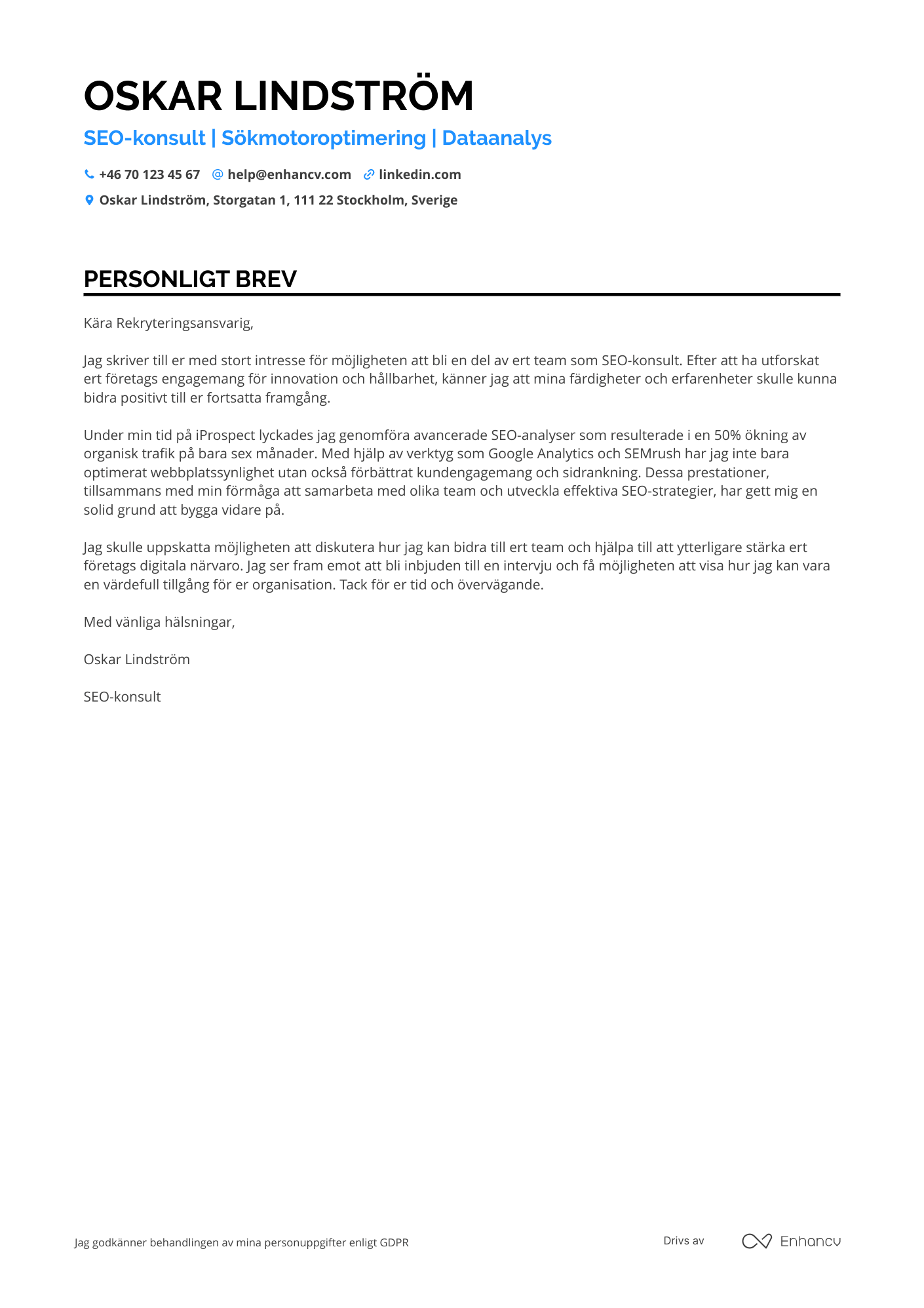 Personligt brev för SEO Consultant Resume Example