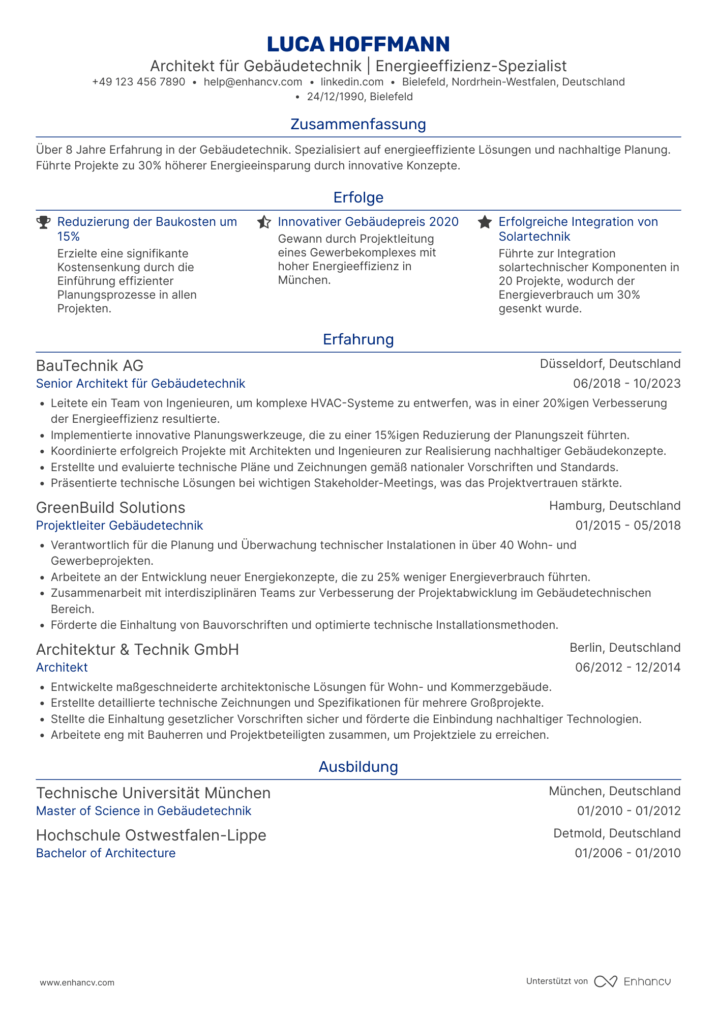 Lebenslauf als Architekt für Gebäudetechnik Resume Example