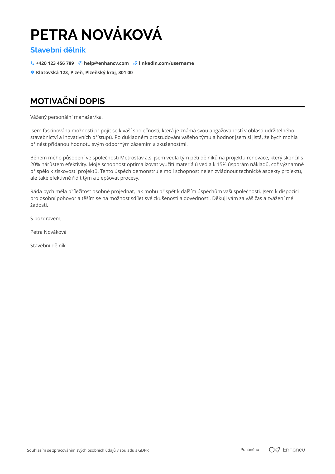 Motivační dopis pro Stavební dělník pro renovace Resume Example
