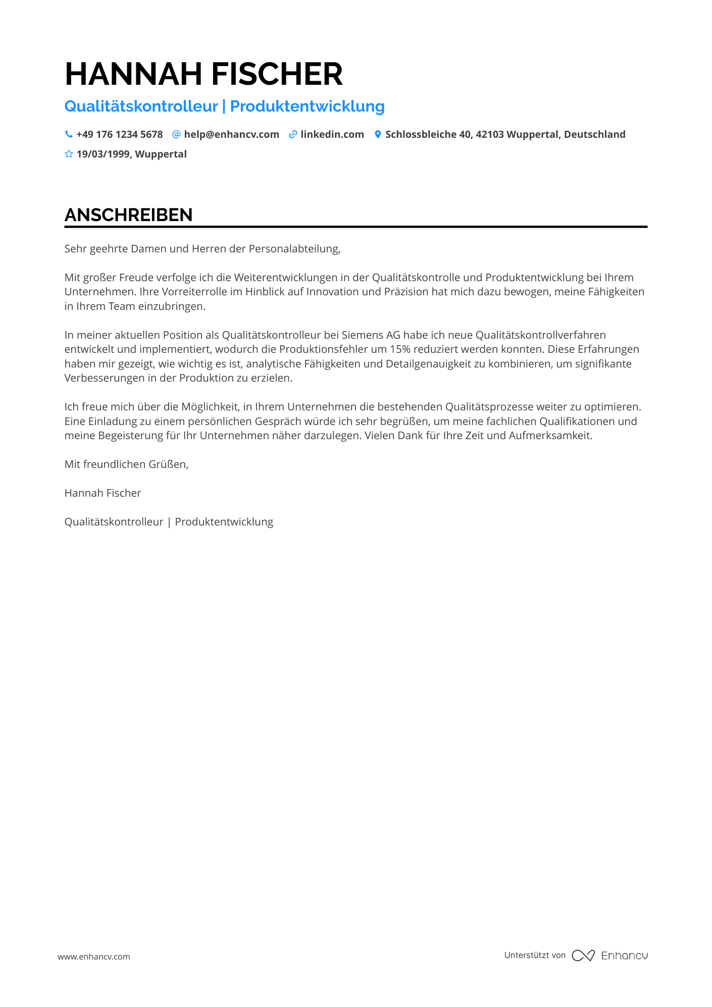 Qualitätskontrolleur für Produktentwicklung Resume Example