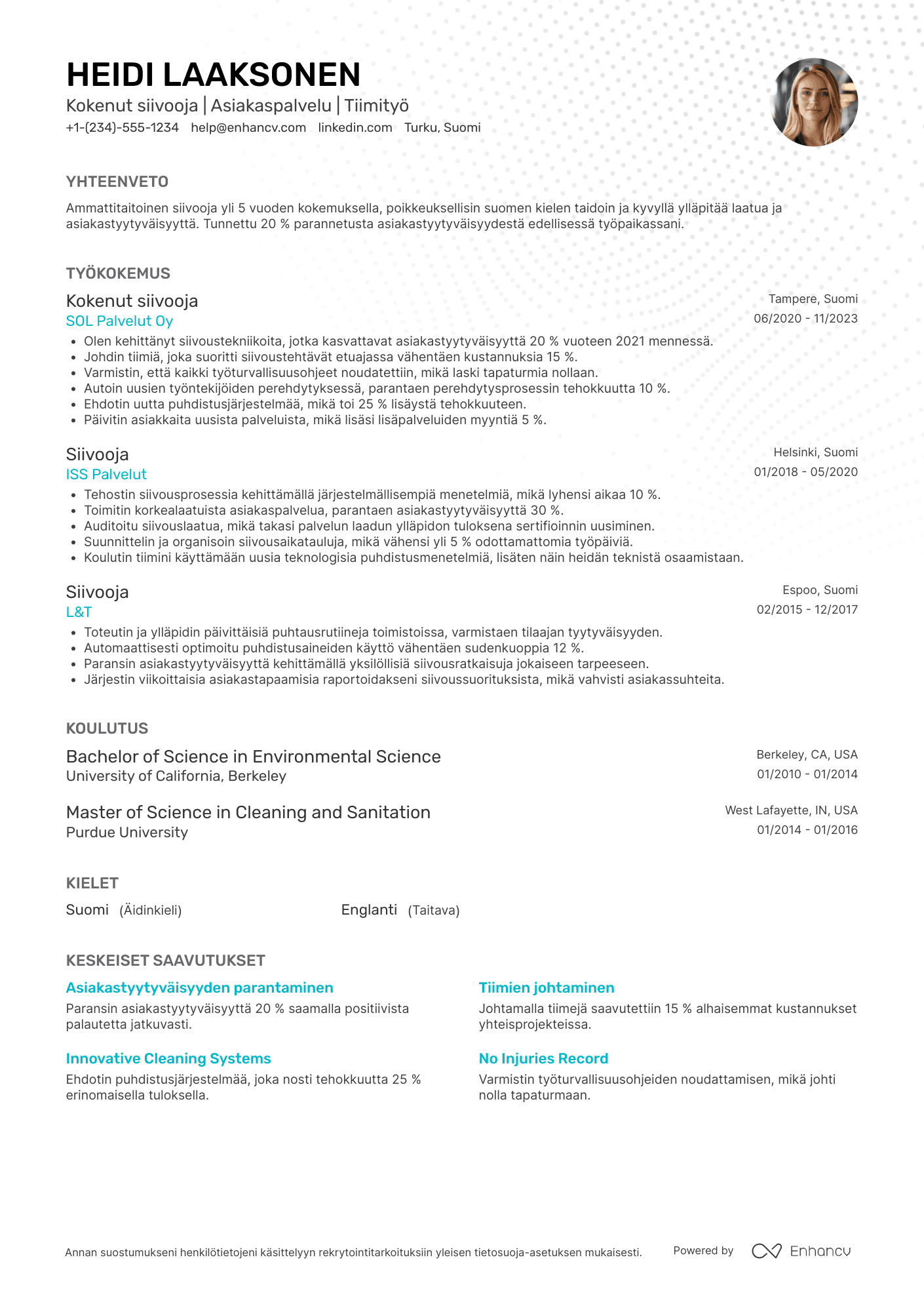 Ansioluettelo Kokenut siivooja Resume Example