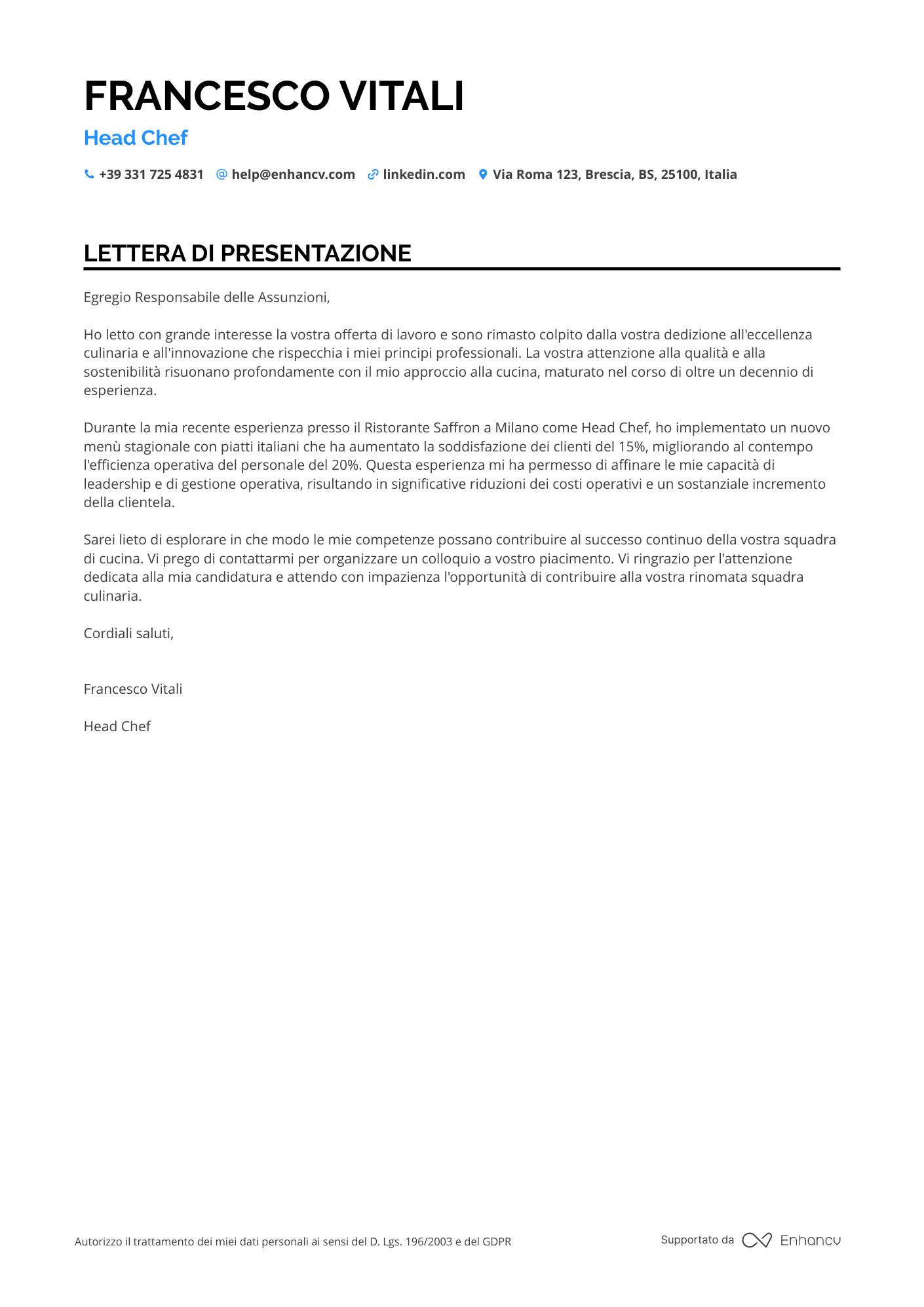 Professionista di Ristorazione Resume Example