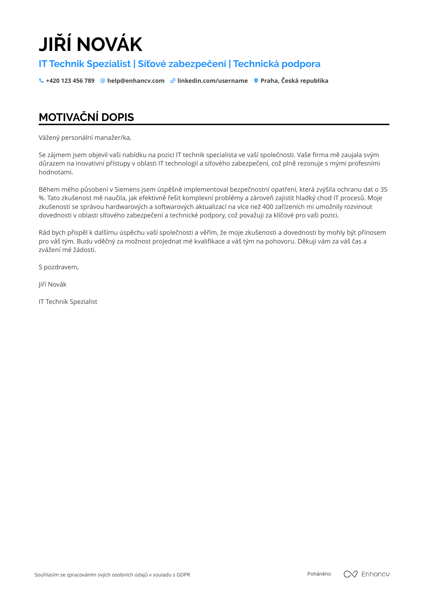 Motivační dopis pro IT Technik Spezialist Resume Example