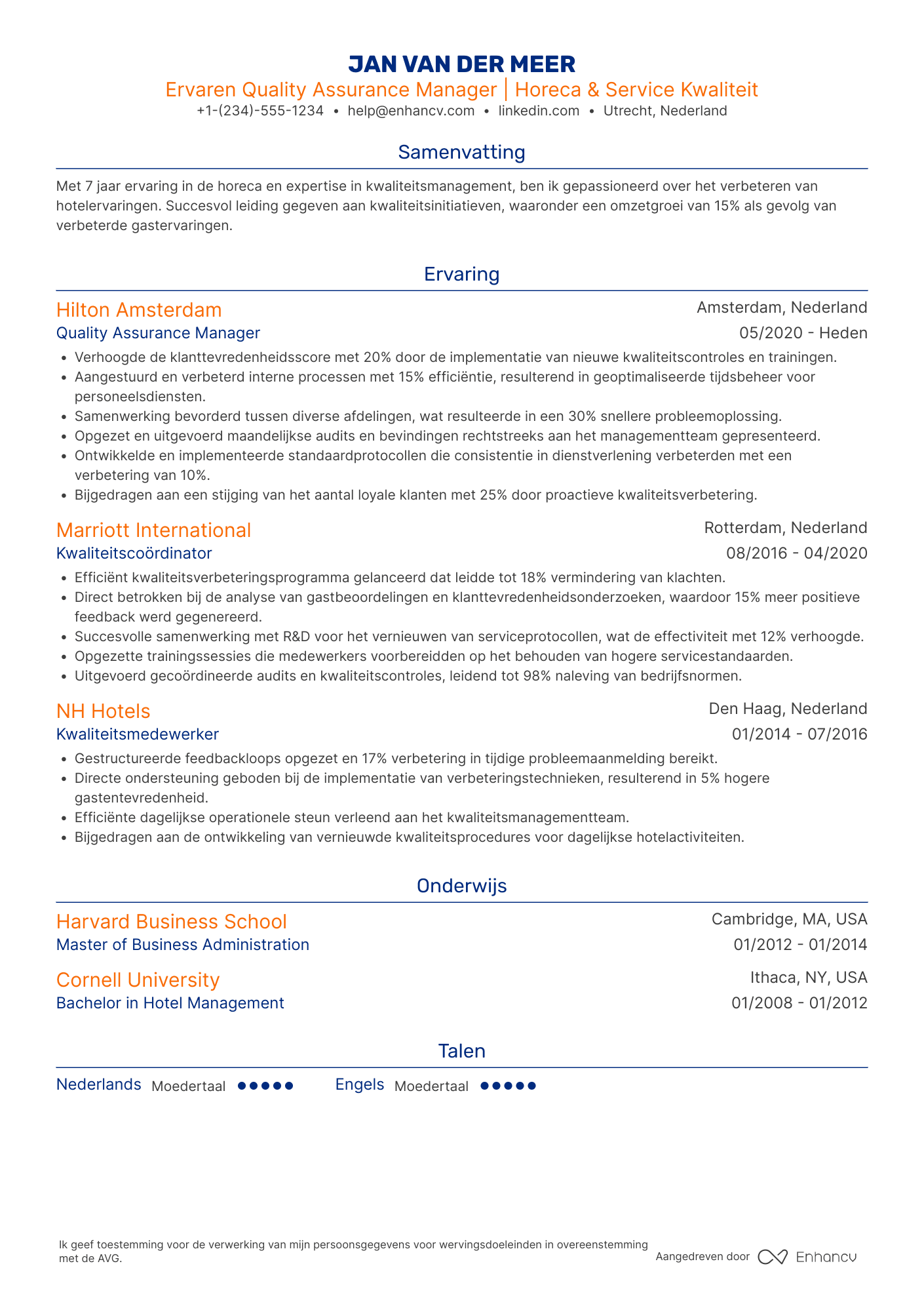 CV voor Hotel Management Quality Assurance Manager Resume Example