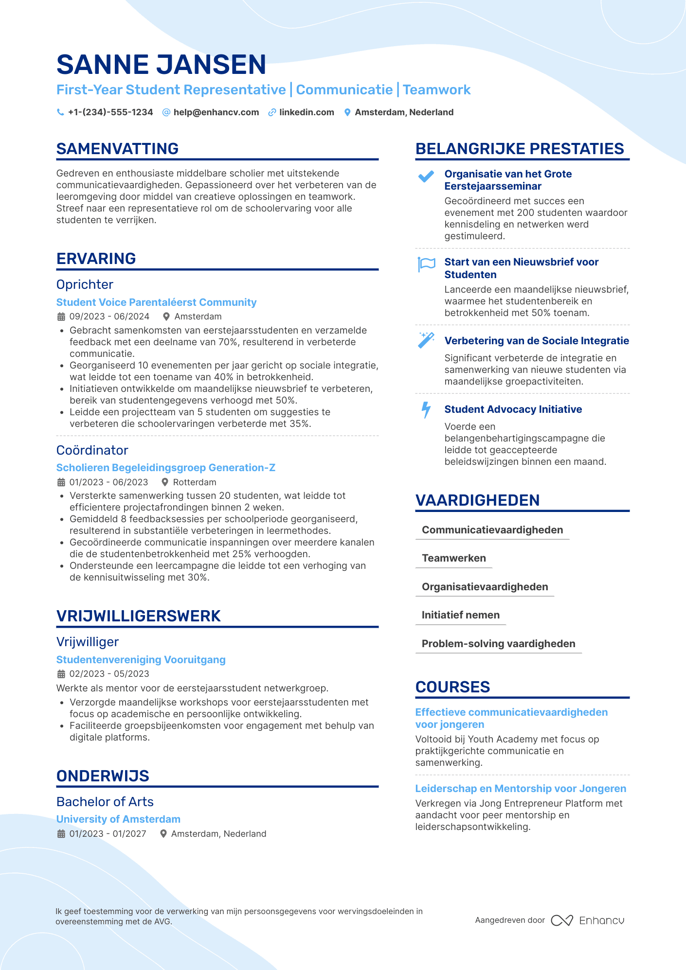 CV voor Middelbare School Student First Year Representative Resume Example
