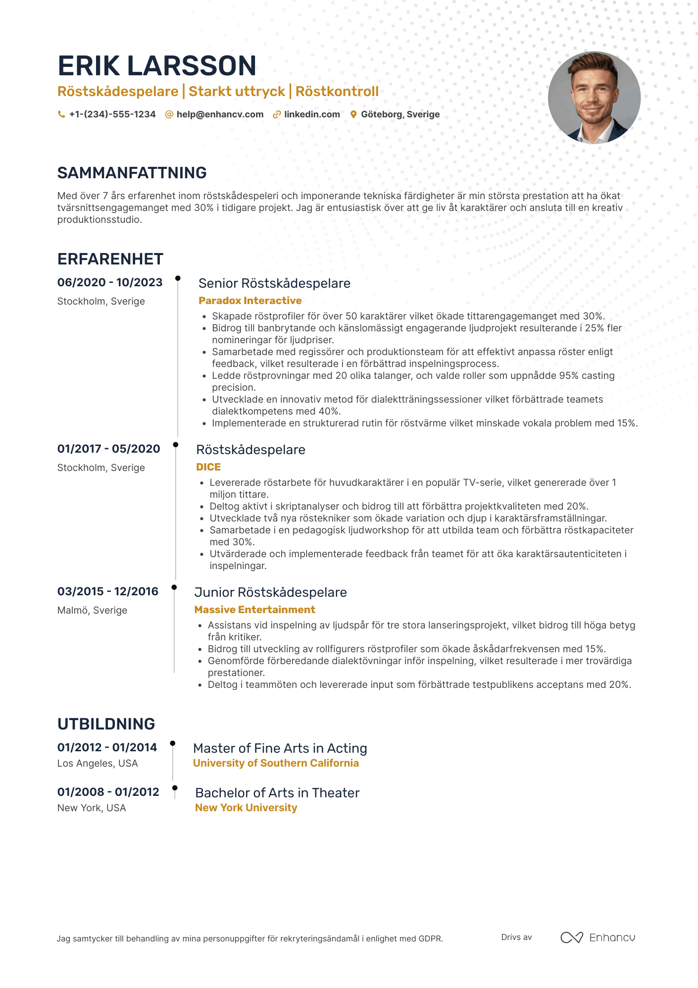 CV för Röstskådespelare för TV serier Resume Example