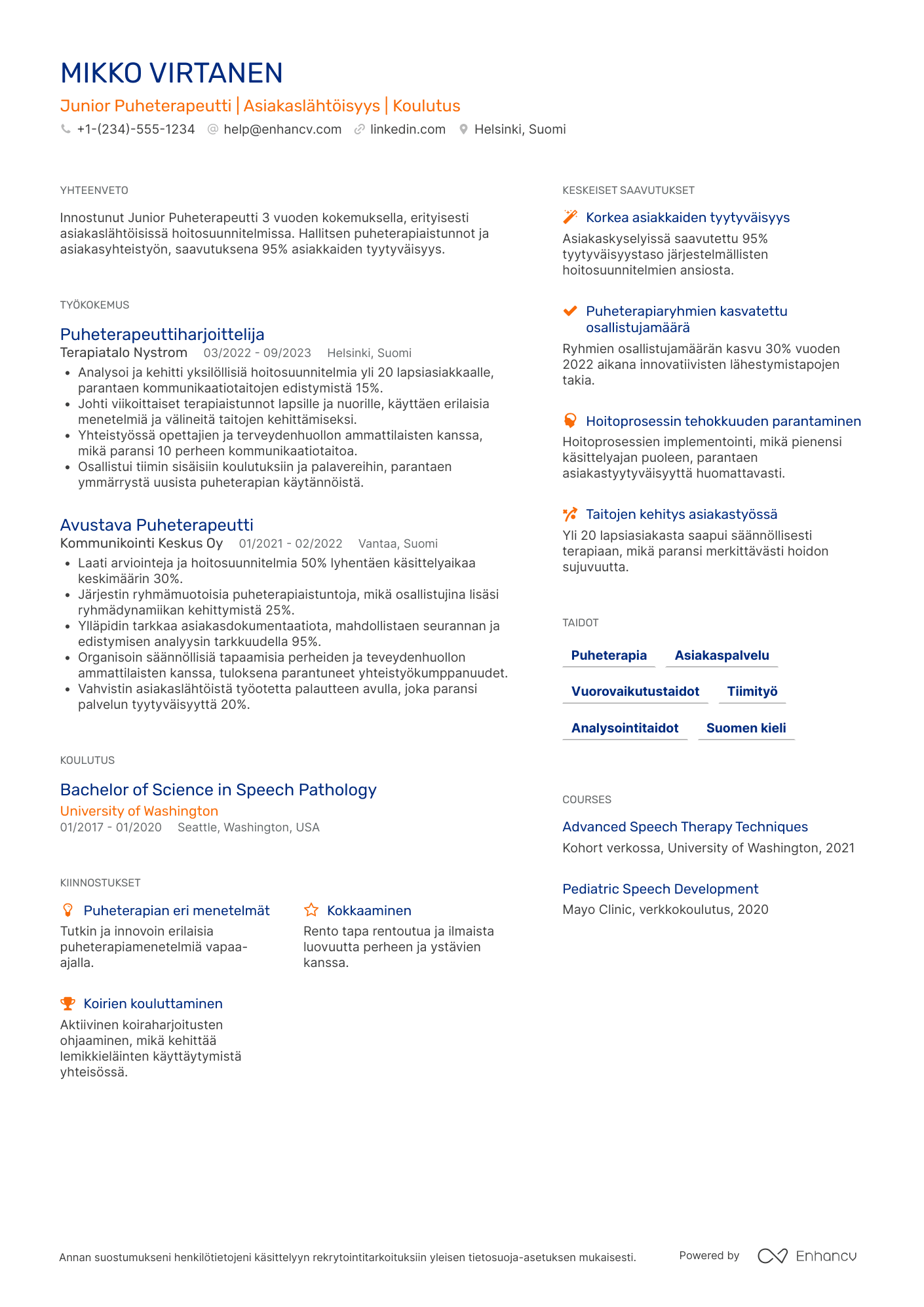 Ansioluettelo Junior puheterapeutti Resume Example
