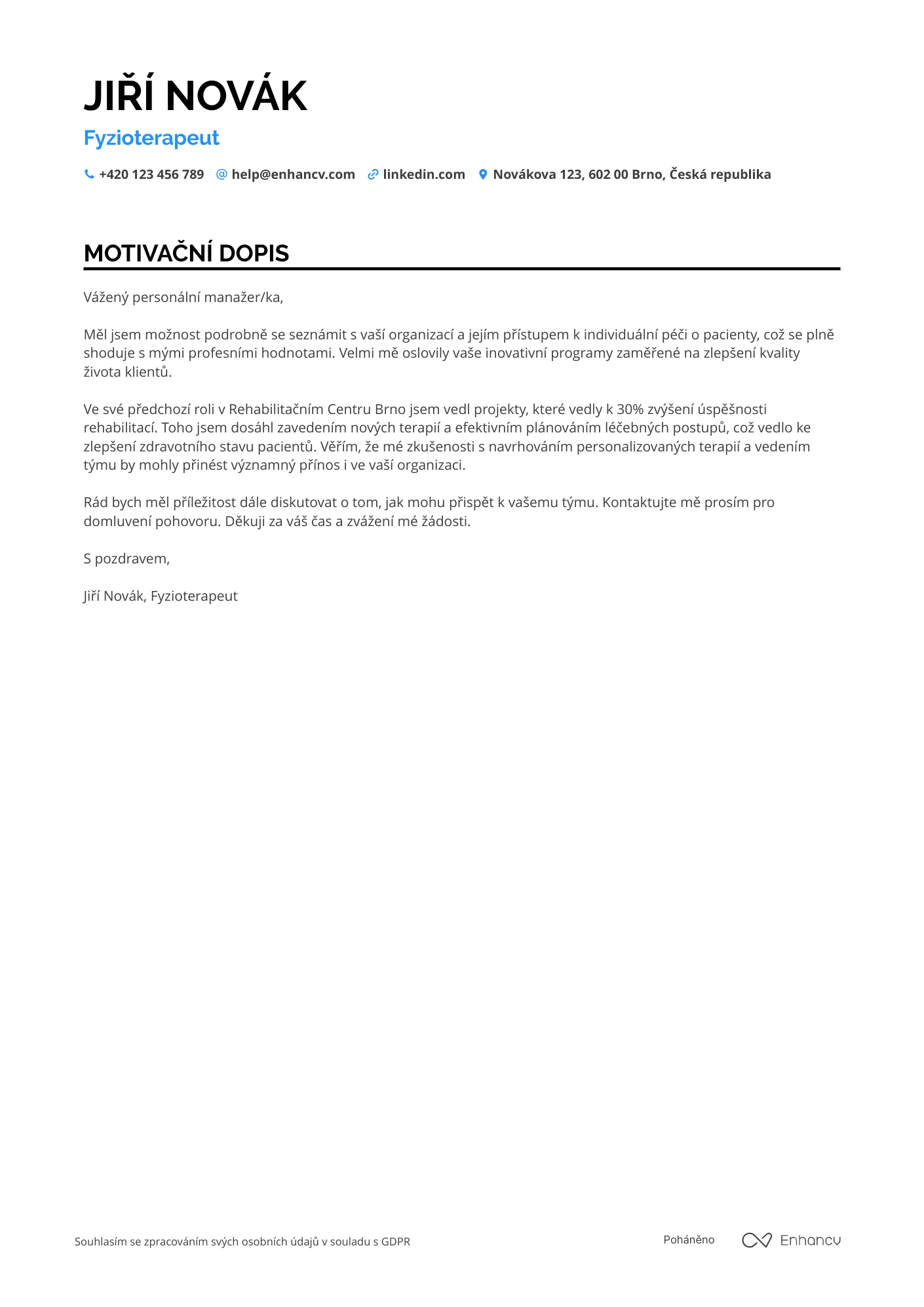 Motivační dopis pro Fyzioterapeut ve wellness centru Resume Example