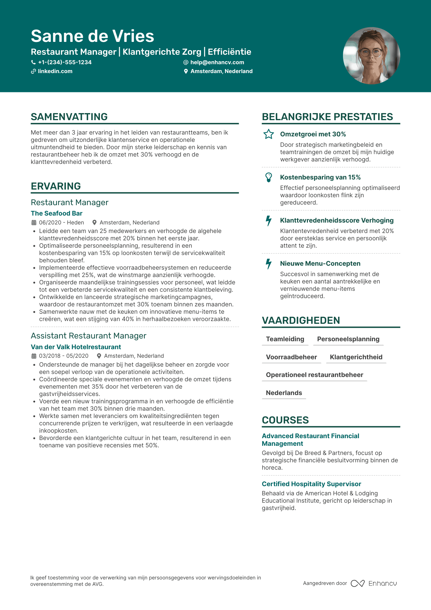 CV voor Casual Dining Restaurant Manager Resume Example