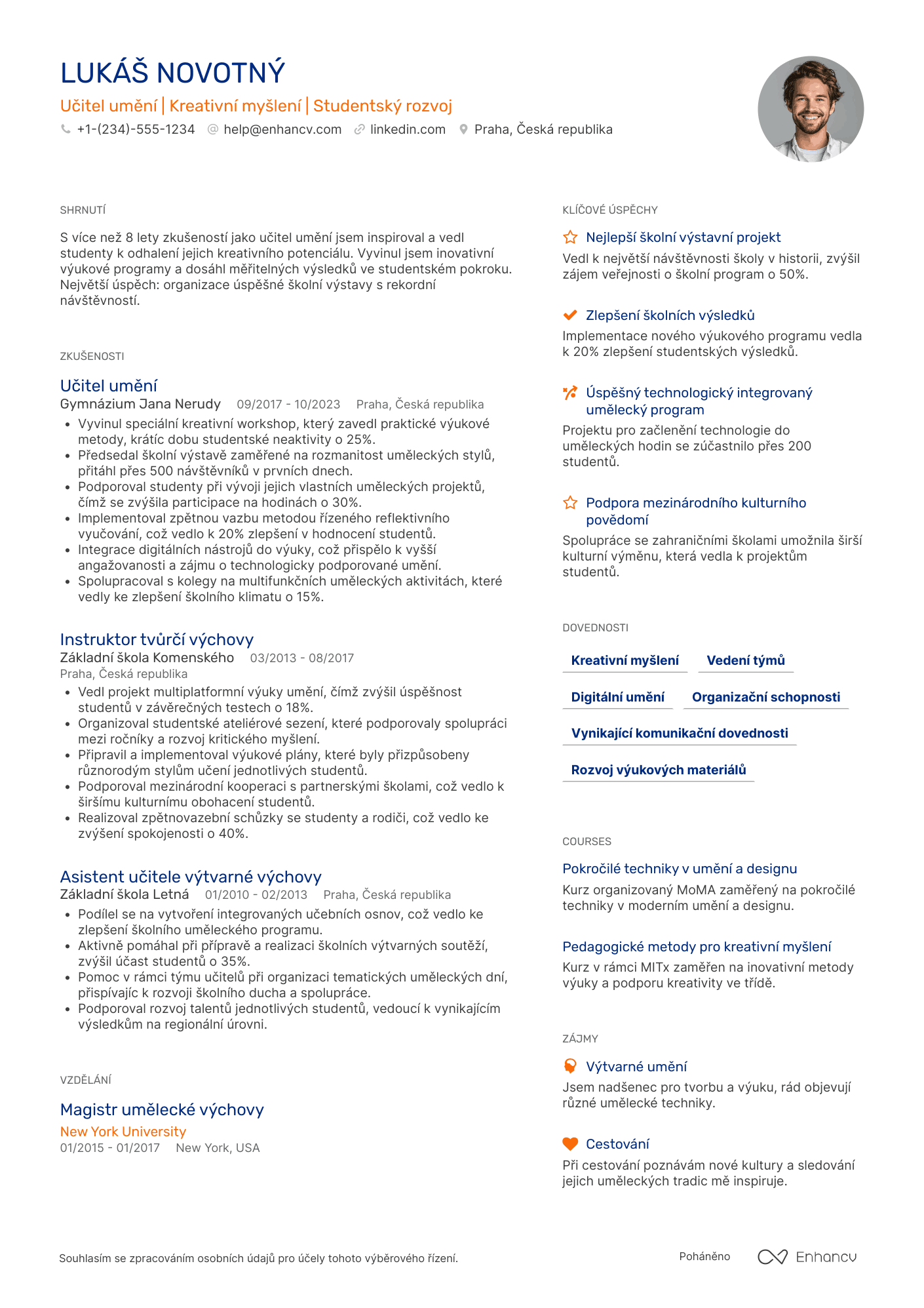 Životopis pro Učitel umění Resume Example