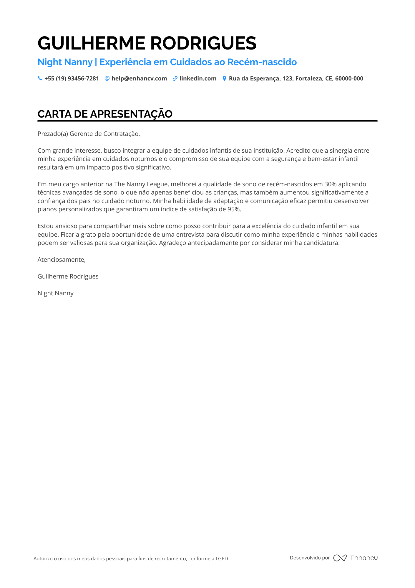 Babá Noturna Resume Example