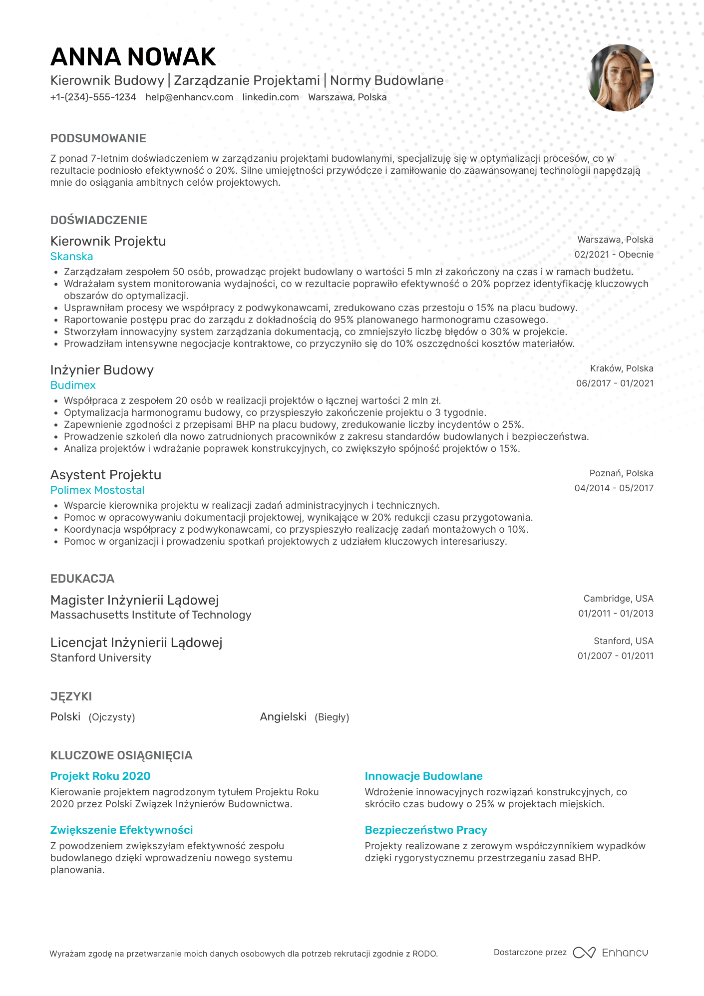 CV dla Kierownik Budowy Resume Example