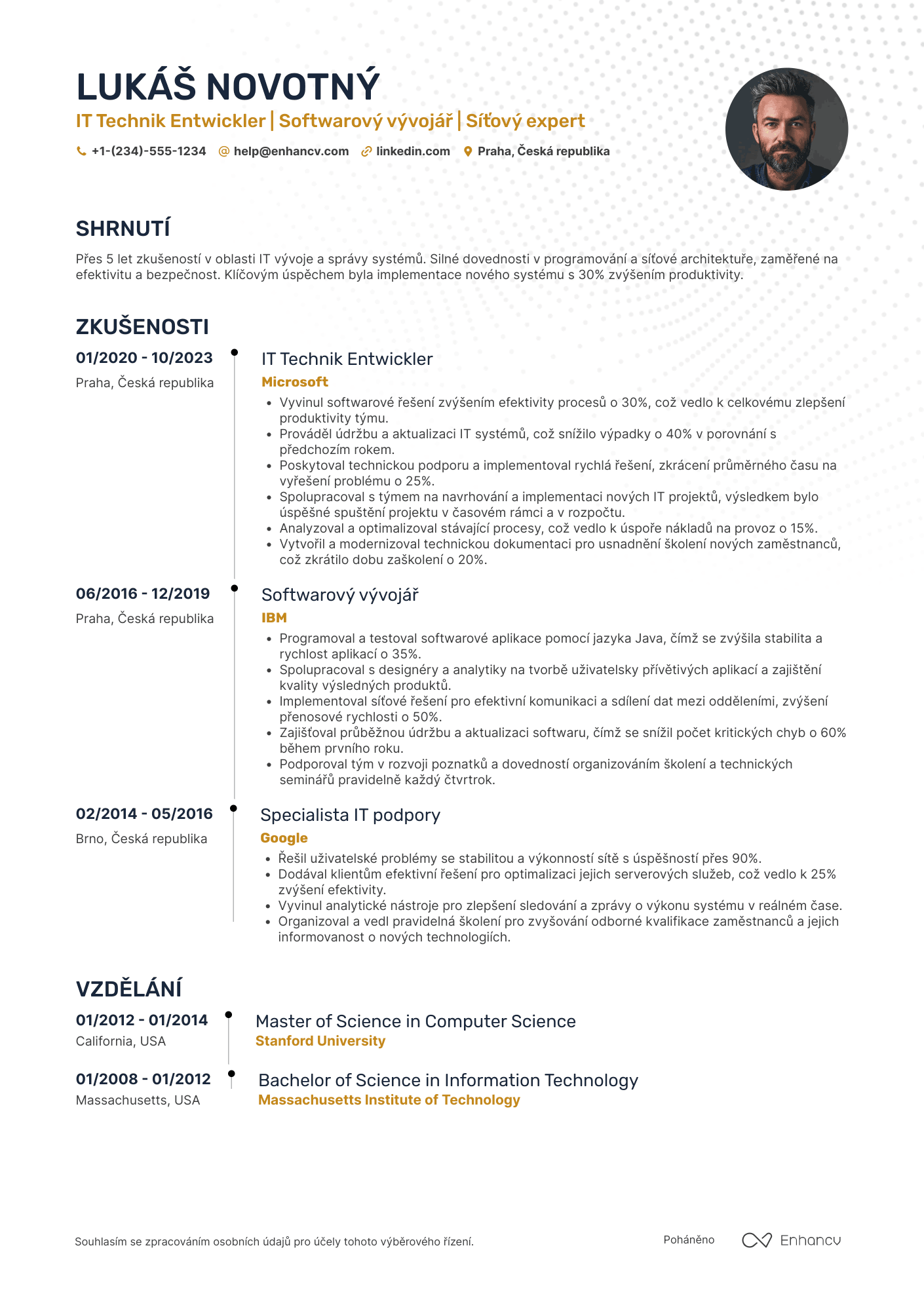 Životopis pro IT Technik Entwickler Resume Example