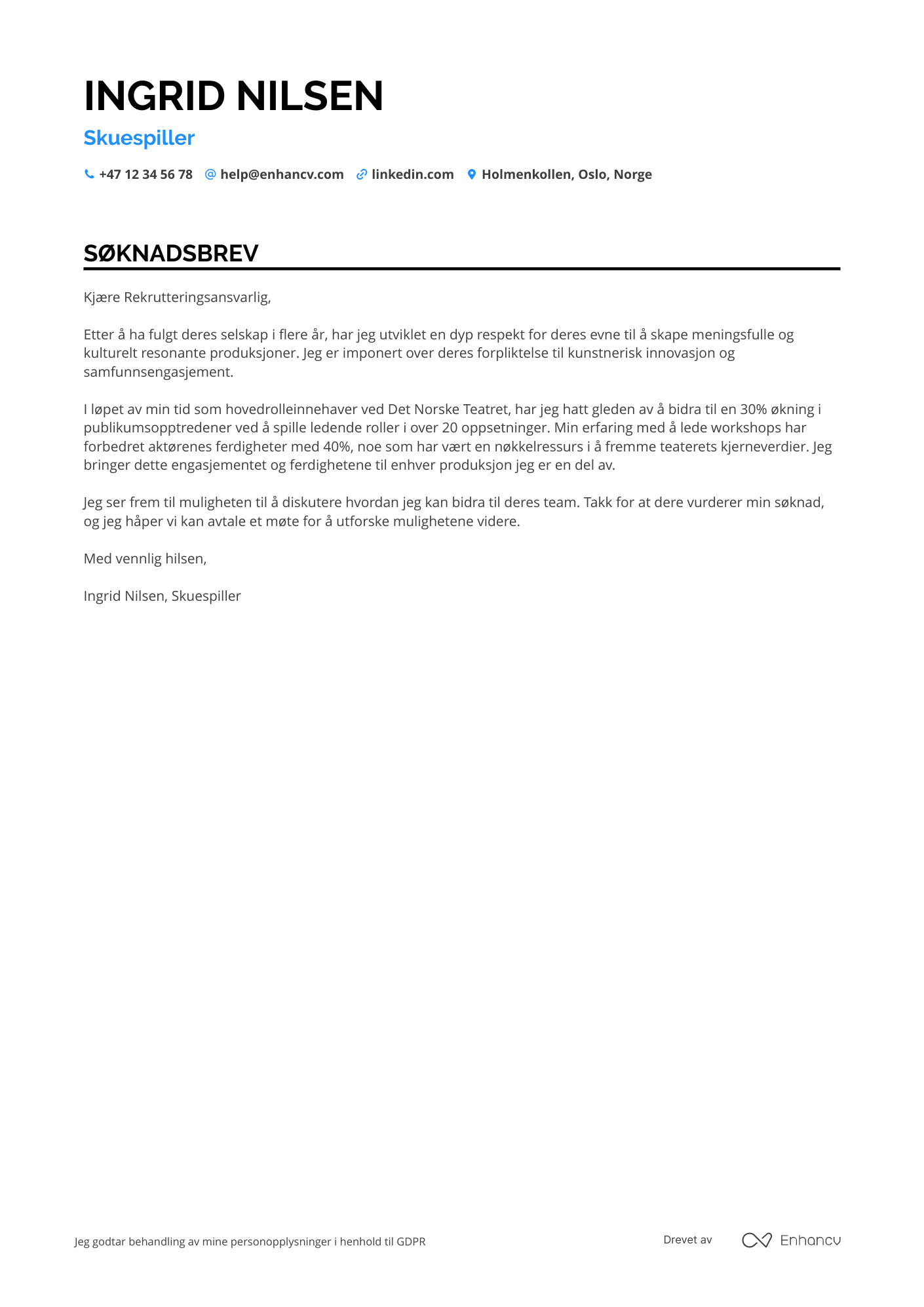Søknadsbrev for Erfaren skuespiller Resume Example