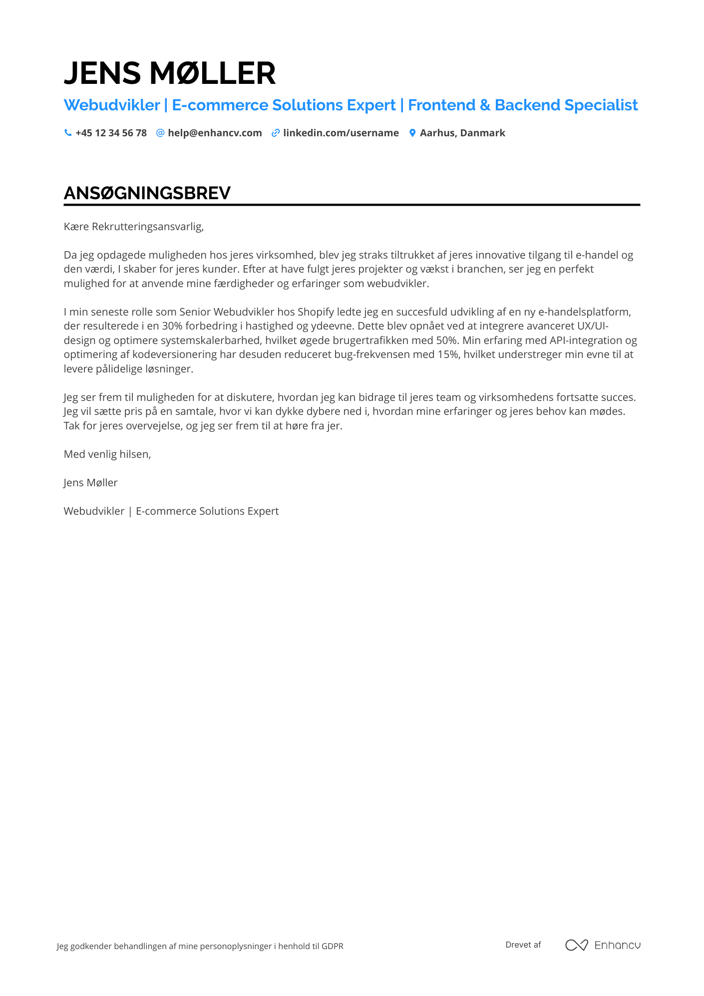 Ansøgningsbrev til Webudvikler inden for e handel Resume Example
