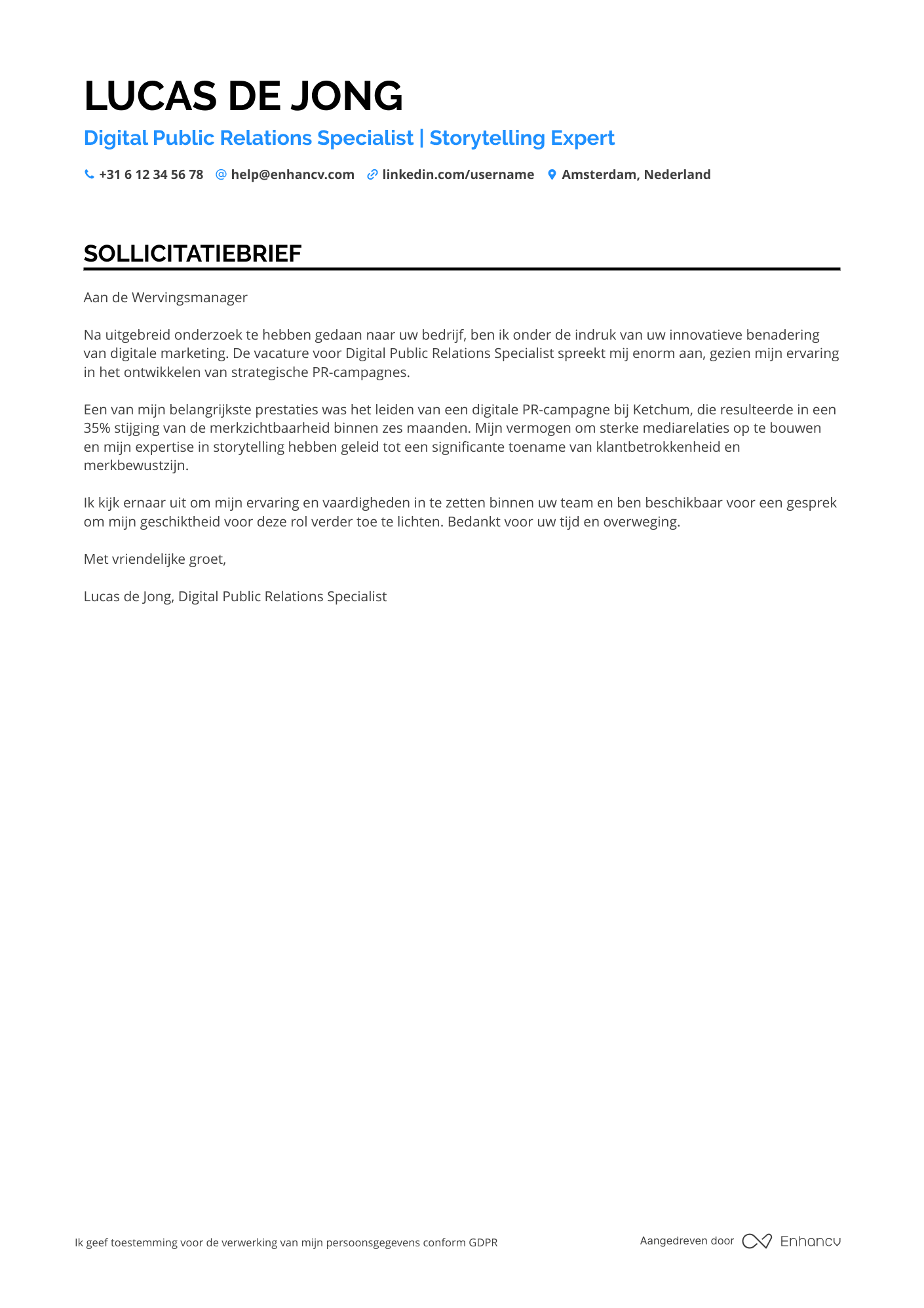 Sollicitatiebrief voor Digital Public Relations Manager Resume Example