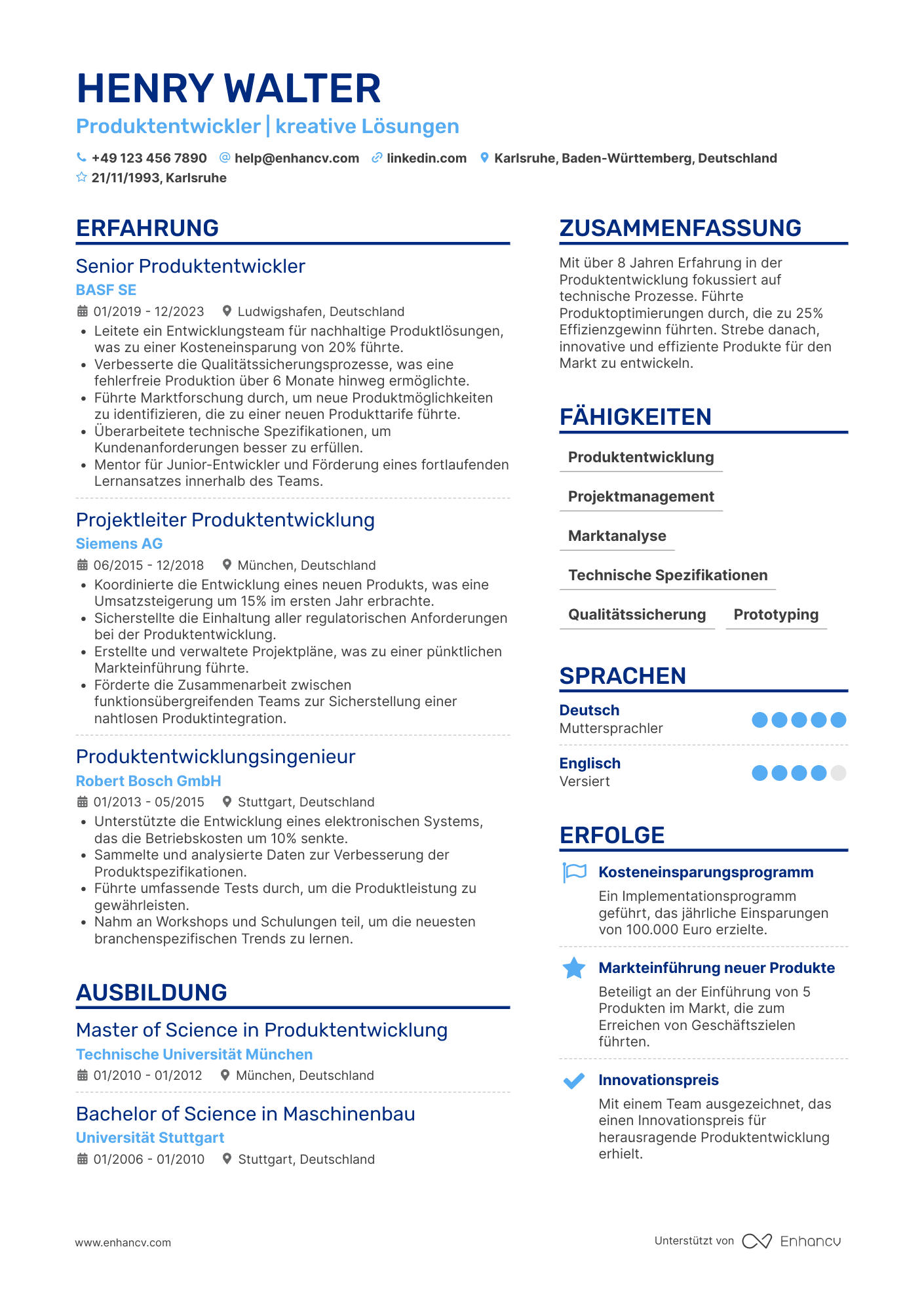 Lebenslauf als Akademiker in der Produktentwicklung Resume Example