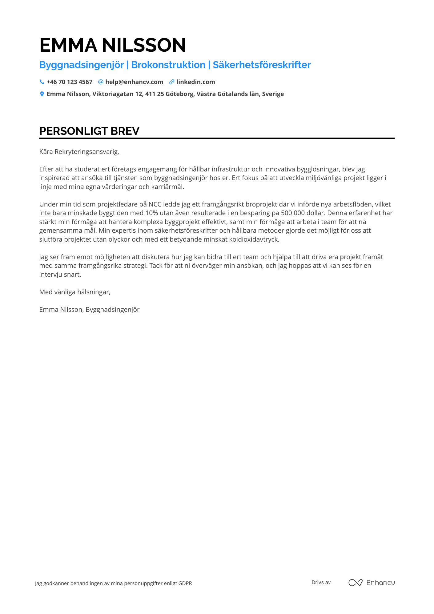 Personligt brev för Byggnadsarbetare Brobyggare Resume Example