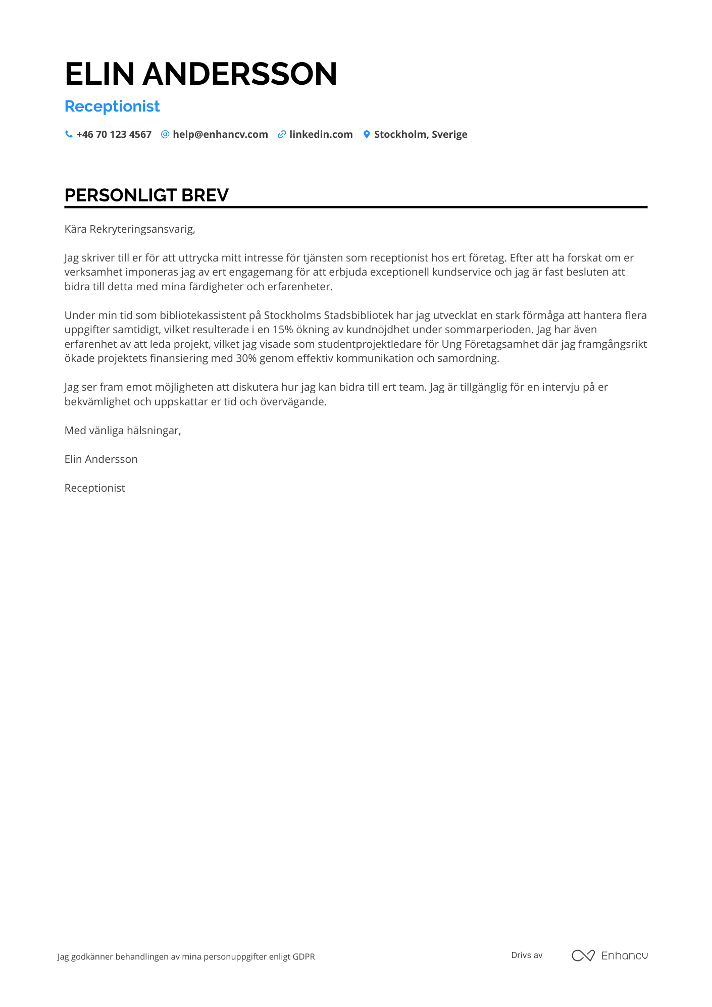 Personligt brev för Gymnasieelev Receptionist Resume Example