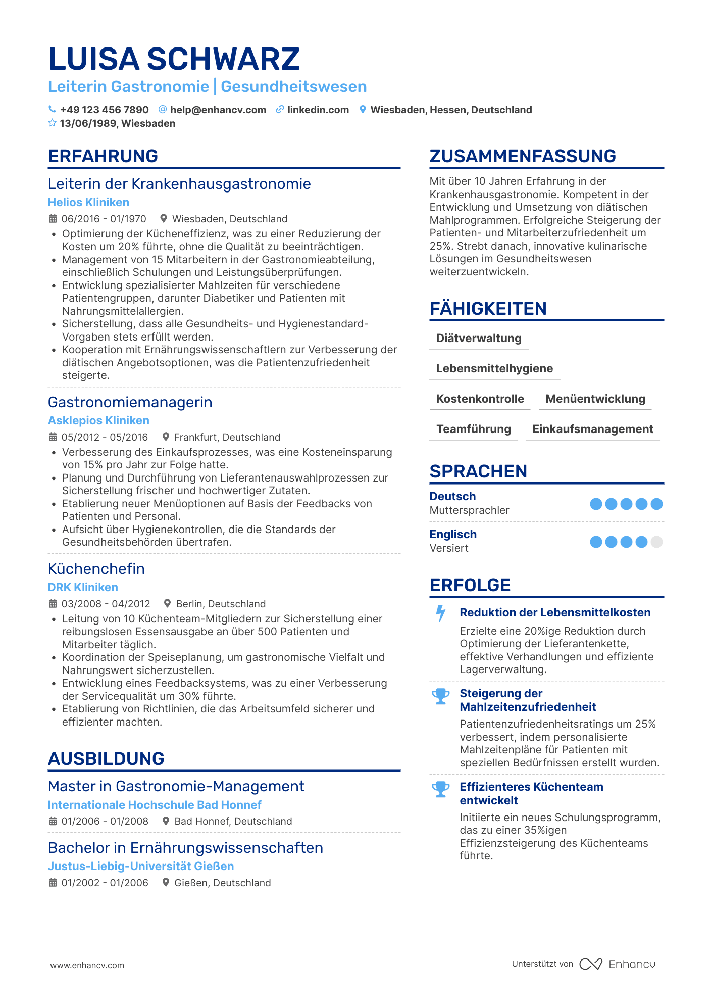 Lebenslauf in Gastronomie im Gesundheitswesen Resume Example