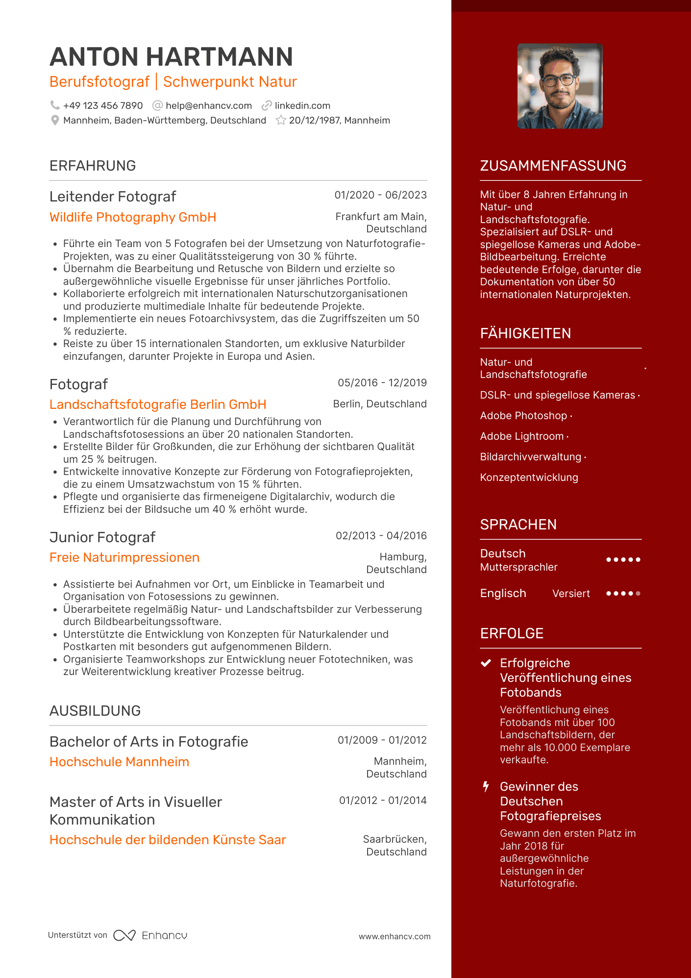 Lebenslauf als Fotograf für Natur und Landschaft Resume Example