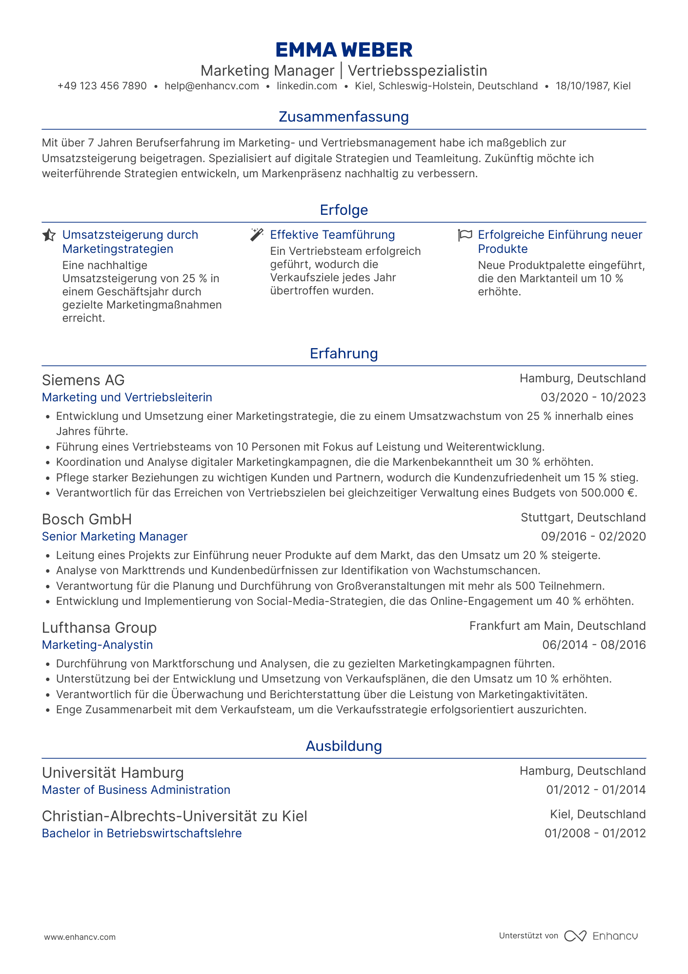 Lebenslauf als Marketing und Vertrieb Manager Resume Example